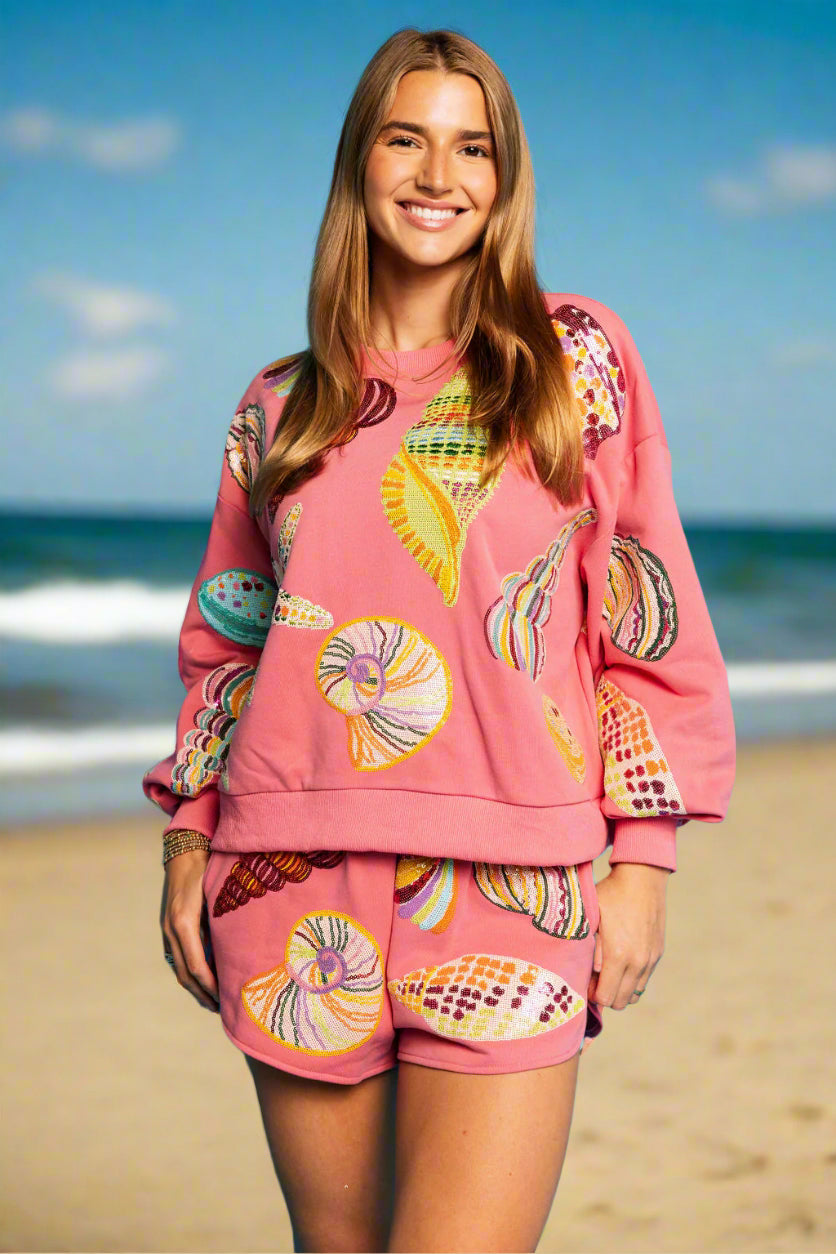 Queen of Sparkles Multi Shell Sequin Sweatshirt – Hot Pink Coastal Vibes-sweatshirt-Queen Of Sparkles-Deja Nu Boutique, Women's Fashion Boutique in Lampasas, Texas
