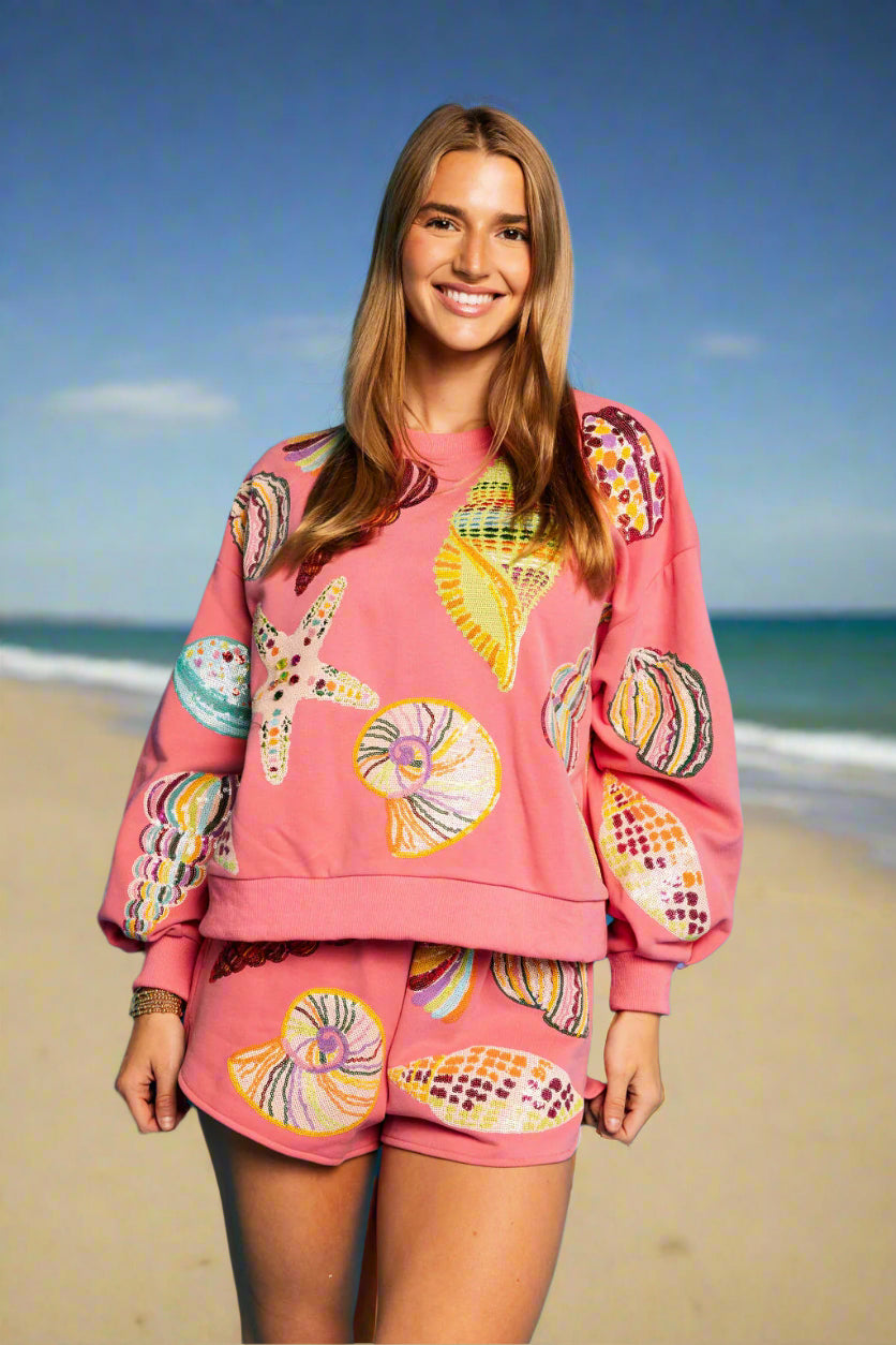 Queen of Sparkles Multi Shell Sequin Sweatshirt – Hot Pink Coastal Vibes-sweatshirt-Queen Of Sparkles-Deja Nu Boutique, Women's Fashion Boutique in Lampasas, Texas