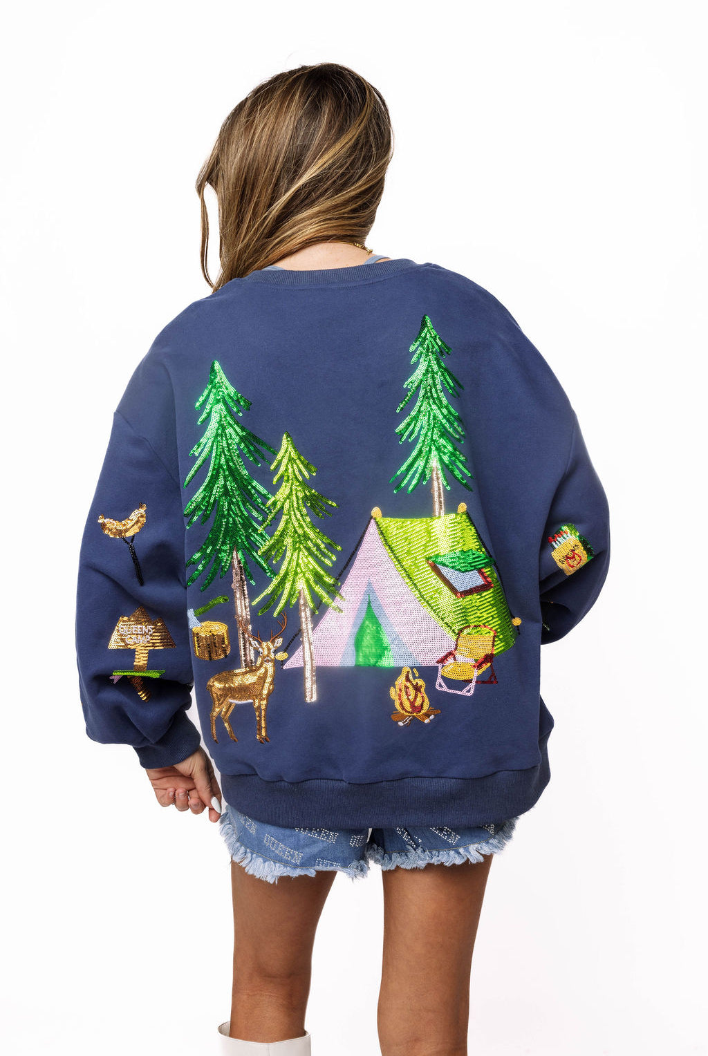 Queen of Sparkles Navy Camp Site Sweatshirt-sweatshirt-Queen Of Sparkles-Deja Nu Boutique, Women's Fashion Boutique in Lampasas, Texas