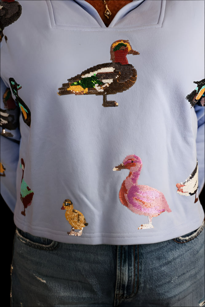 Queen of Sparkles Powder Blue Duck Sweatshirt-Sweaters-Queen Of Sparkles-Deja Nu Boutique, Women's Fashion Boutique in Lampasas, Texas