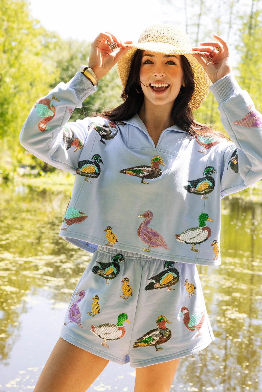 Queen of Sparkles Powder Blue Duck Sweatshirt-Sweaters-Queen Of Sparkles-Deja Nu Boutique, Women's Fashion Boutique in Lampasas, Texas