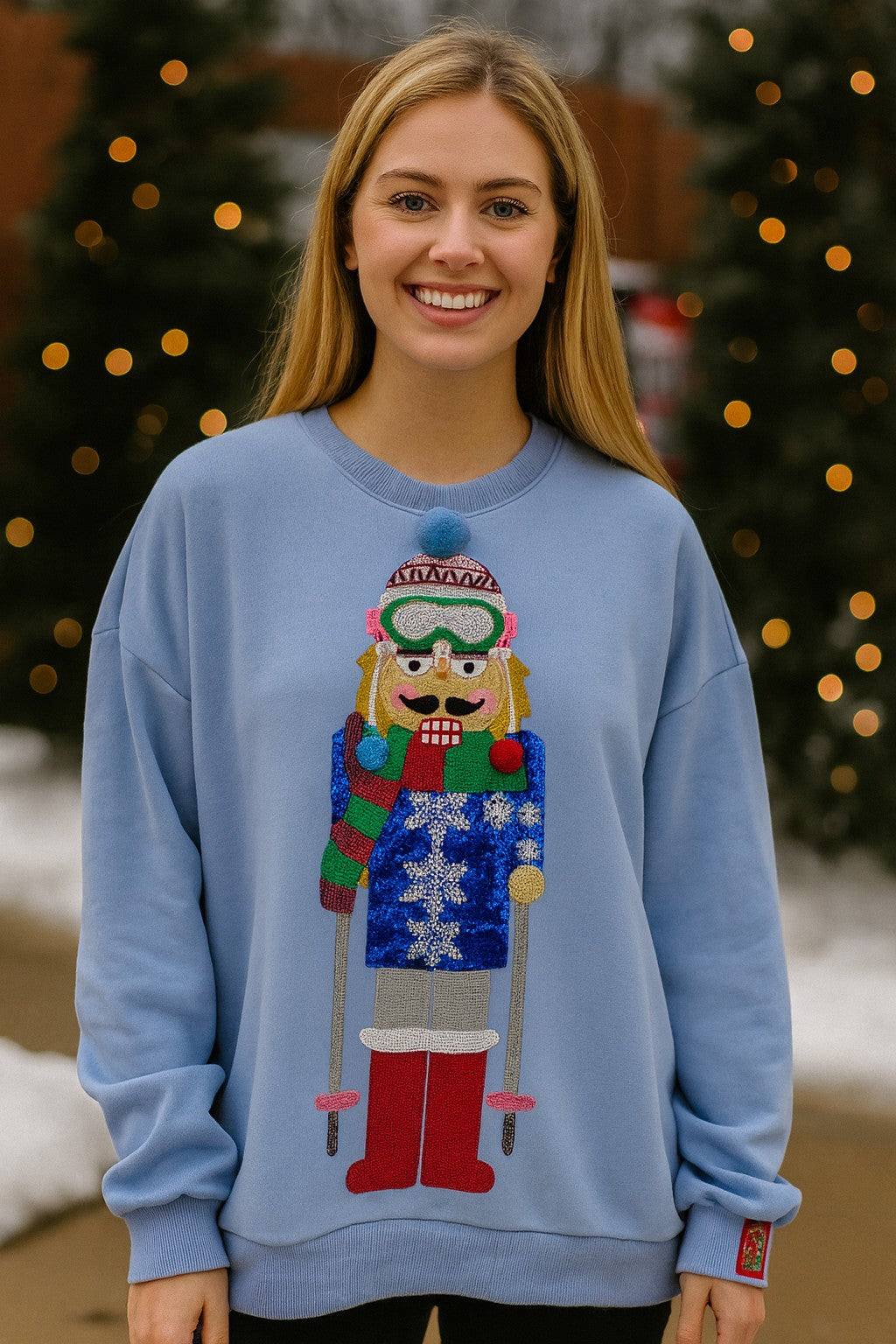 Queen of Sparkles Powder Blue Skiing Nutcracker Sweatshirt-Tops-Queen Of Sparkles-Deja Nu Boutique, Women's Fashion Boutique in Lampasas, Texas