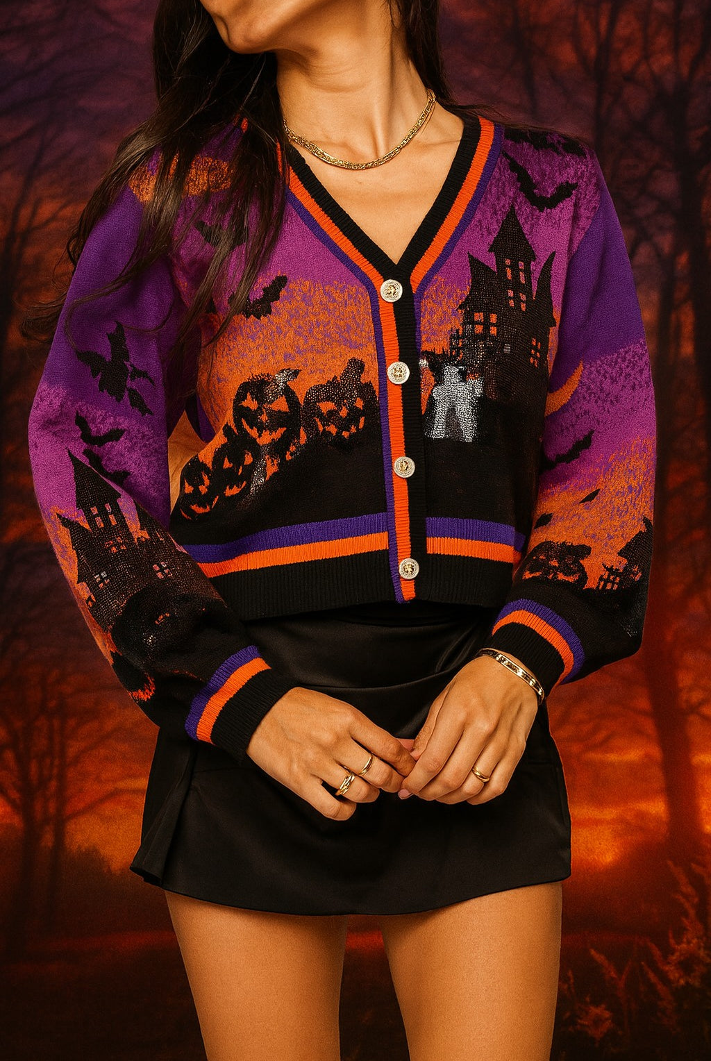 Queen of Sparkles Purple Halloween Scene Sequin Cardigan – Haunted House & Pumpkins-Cardigans & Kimonos-Queen Of Sparkles-Deja Nu Boutique, Women's Fashion Boutique in Lampasas, Texas