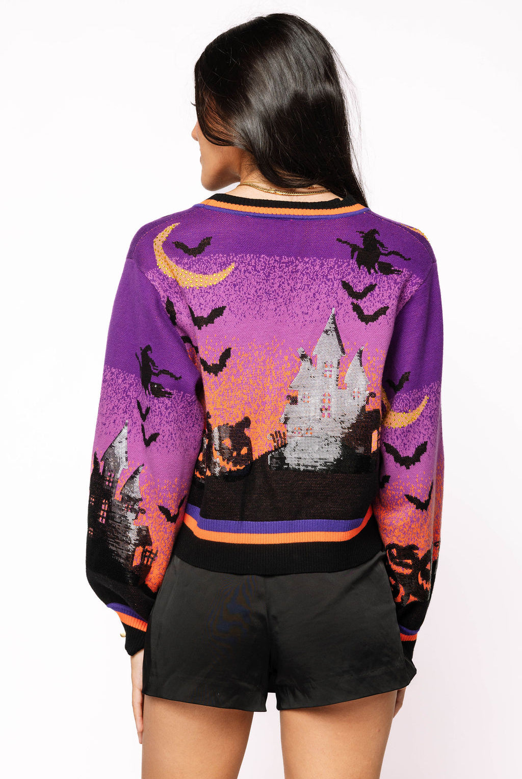 Queen of Sparkles Purple Halloween Scene Sequin Cardigan – Haunted House & Pumpkins-Cardigans & Kimonos-Queen Of Sparkles-Deja Nu Boutique, Women's Fashion Boutique in Lampasas, Texas