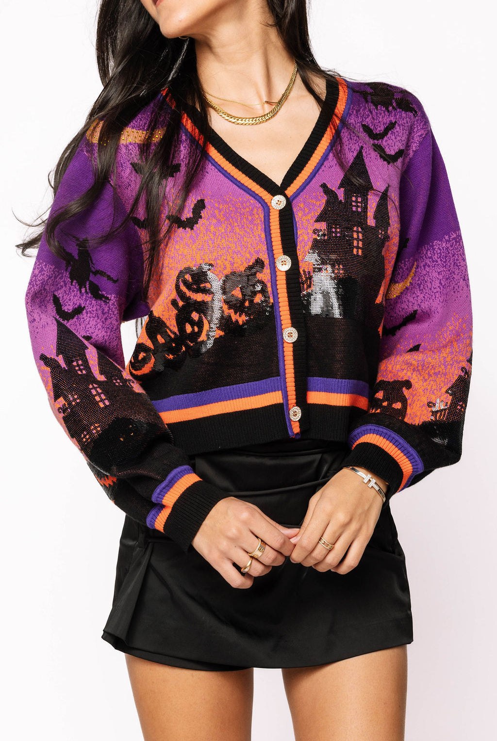 Queen of Sparkles Purple Halloween Scene Sequin Cardigan – Haunted House & Pumpkins-Cardigans & Kimonos-Queen Of Sparkles-Deja Nu Boutique, Women's Fashion Boutique in Lampasas, Texas
