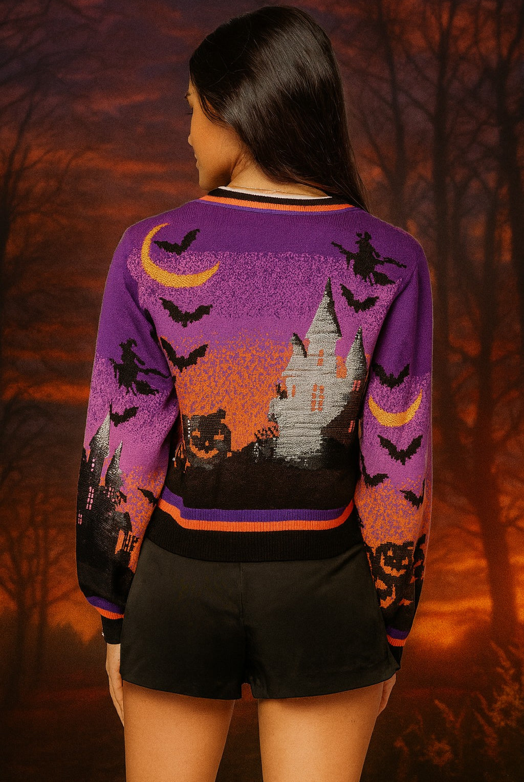 Queen of Sparkles Purple Halloween Scene Sequin Cardigan – Haunted House & Pumpkins-Cardigans & Kimonos-Queen Of Sparkles-Deja Nu Boutique, Women's Fashion Boutique in Lampasas, Texas