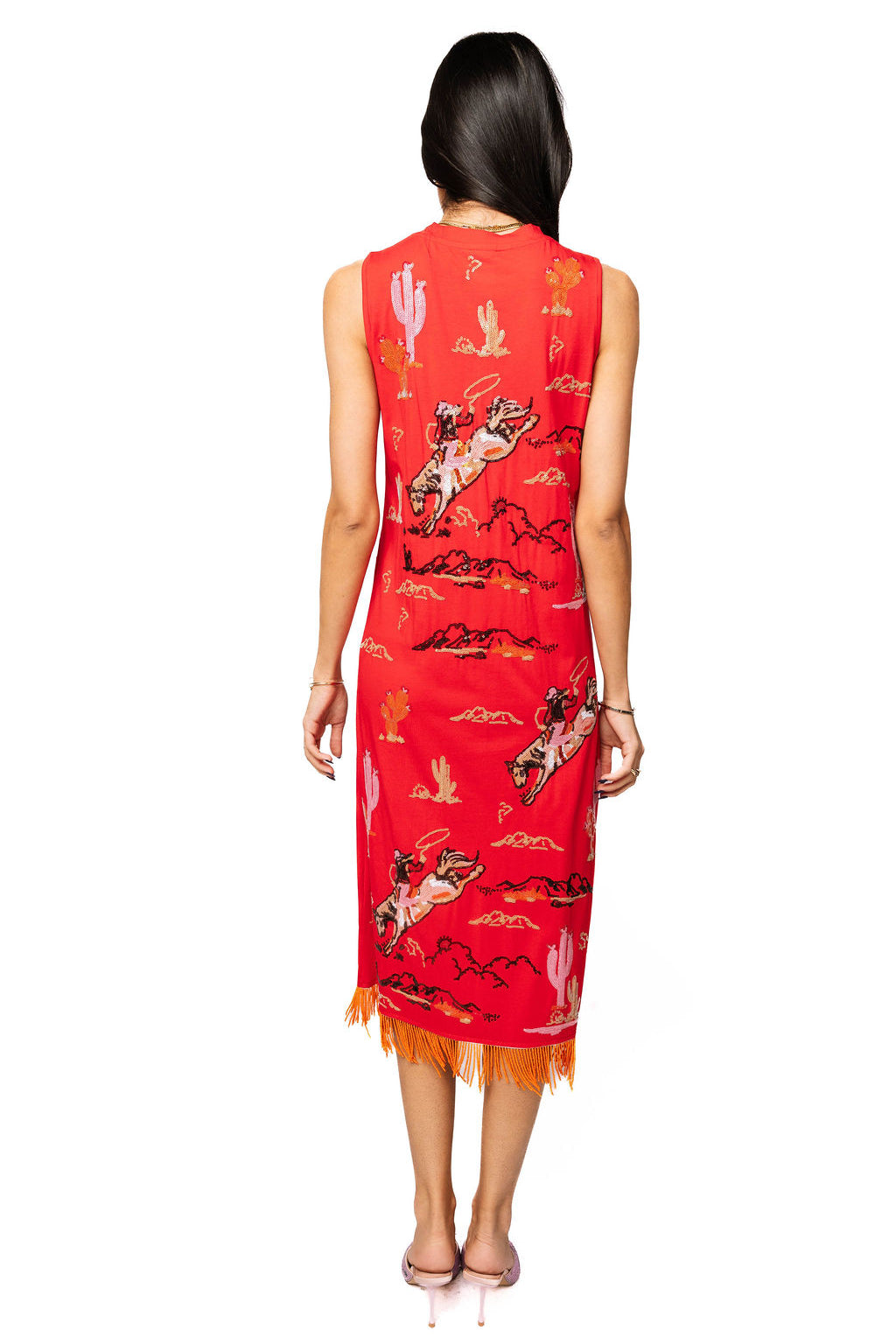 Queen of Sparkles Red Bucking Cowgirl Fringe Bottom Midi Tank Dress-Midi Dresses-Queen Of Sparkles-Deja Nu Boutique, Women's Fashion Boutique in Lampasas, Texas