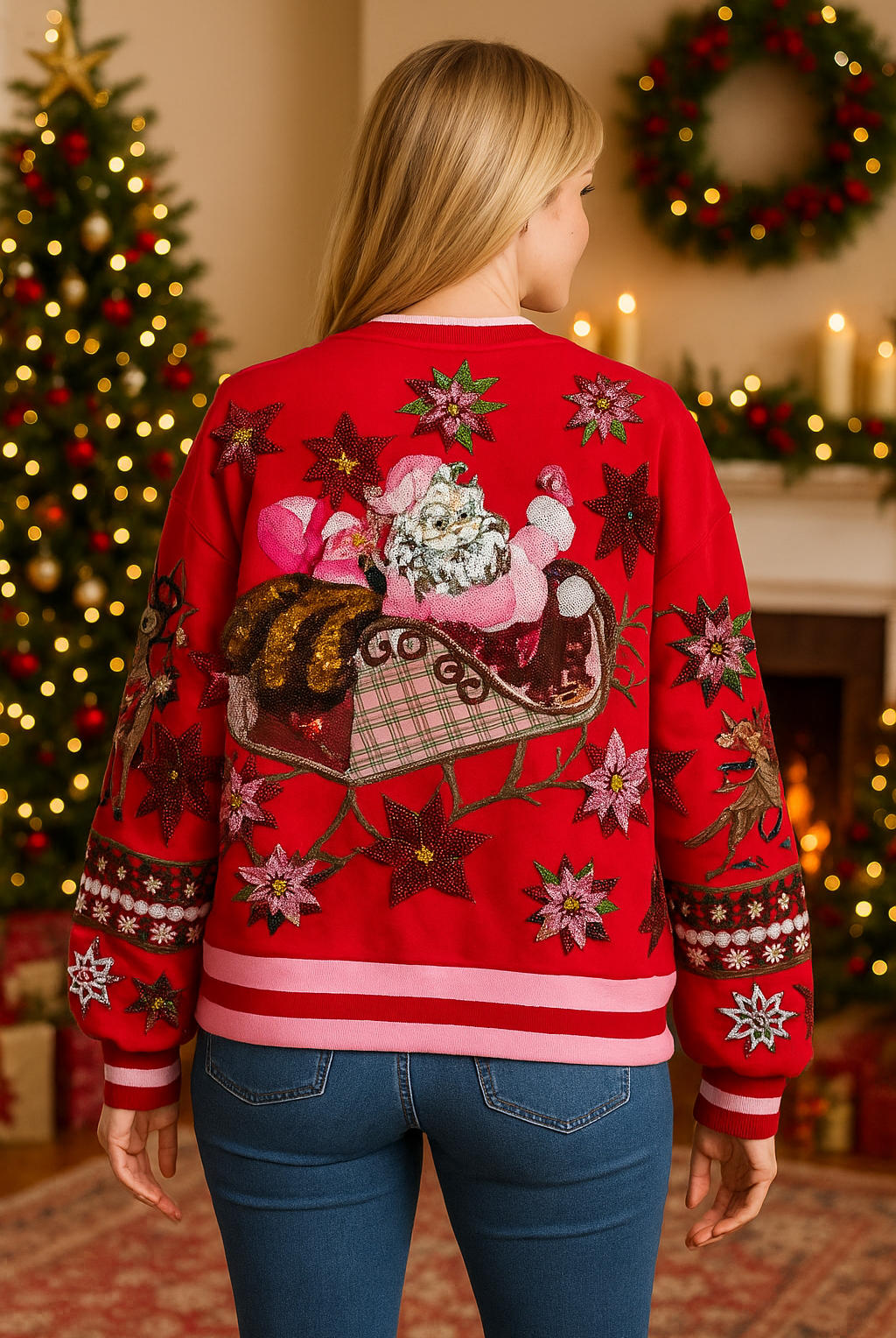 Queen of Sparkles Red & Pink Vintage Poinsettia Santa Sequin Sweatshirt-Sweaters-Queen Of Sparkles-Deja Nu Boutique, Women's Fashion Boutique in Lampasas, Texas