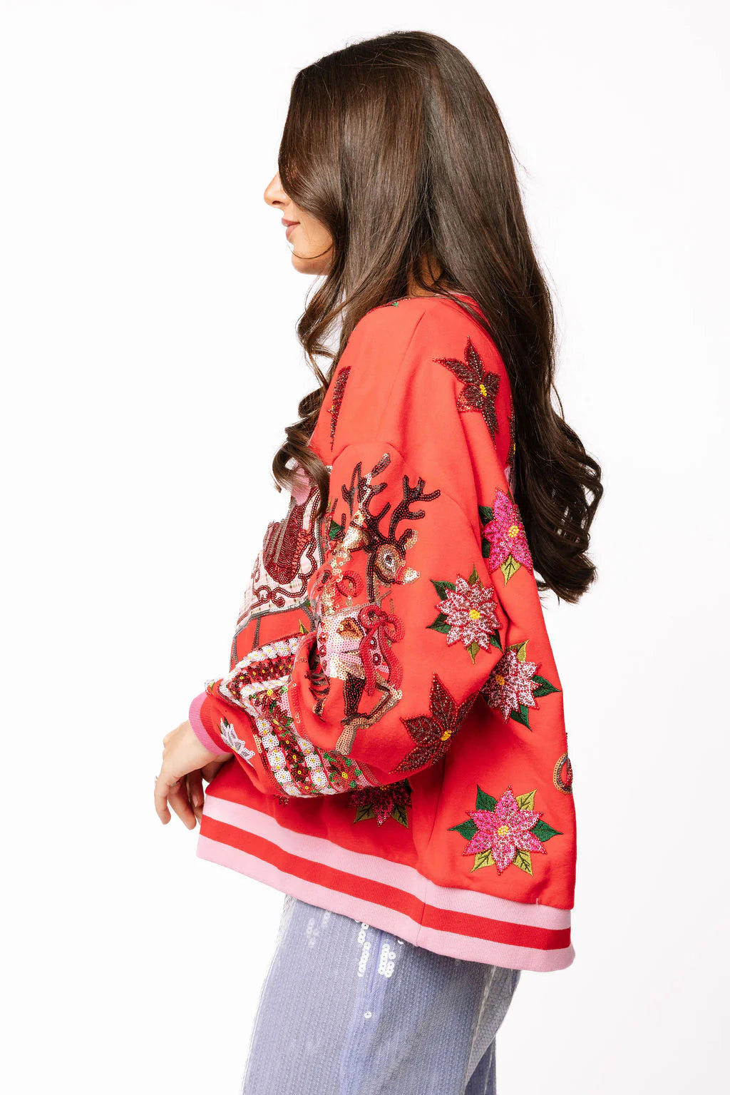 Queen of Sparkles Red & Pink Vintage Poinsettia Santa Sequin Sweatshirt-Sweaters-Queen Of Sparkles-Deja Nu Boutique, Women's Fashion Boutique in Lampasas, Texas