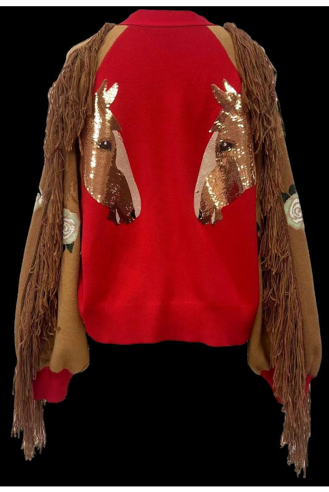 Queen of Sparkles Red Rose & Fringe Horse Sleeve Button Up Cardigan-Cardigans & Kimonos-Queen Of Sparkles-Deja Nu Boutique, Women's Fashion Boutique in Lampasas, Texas