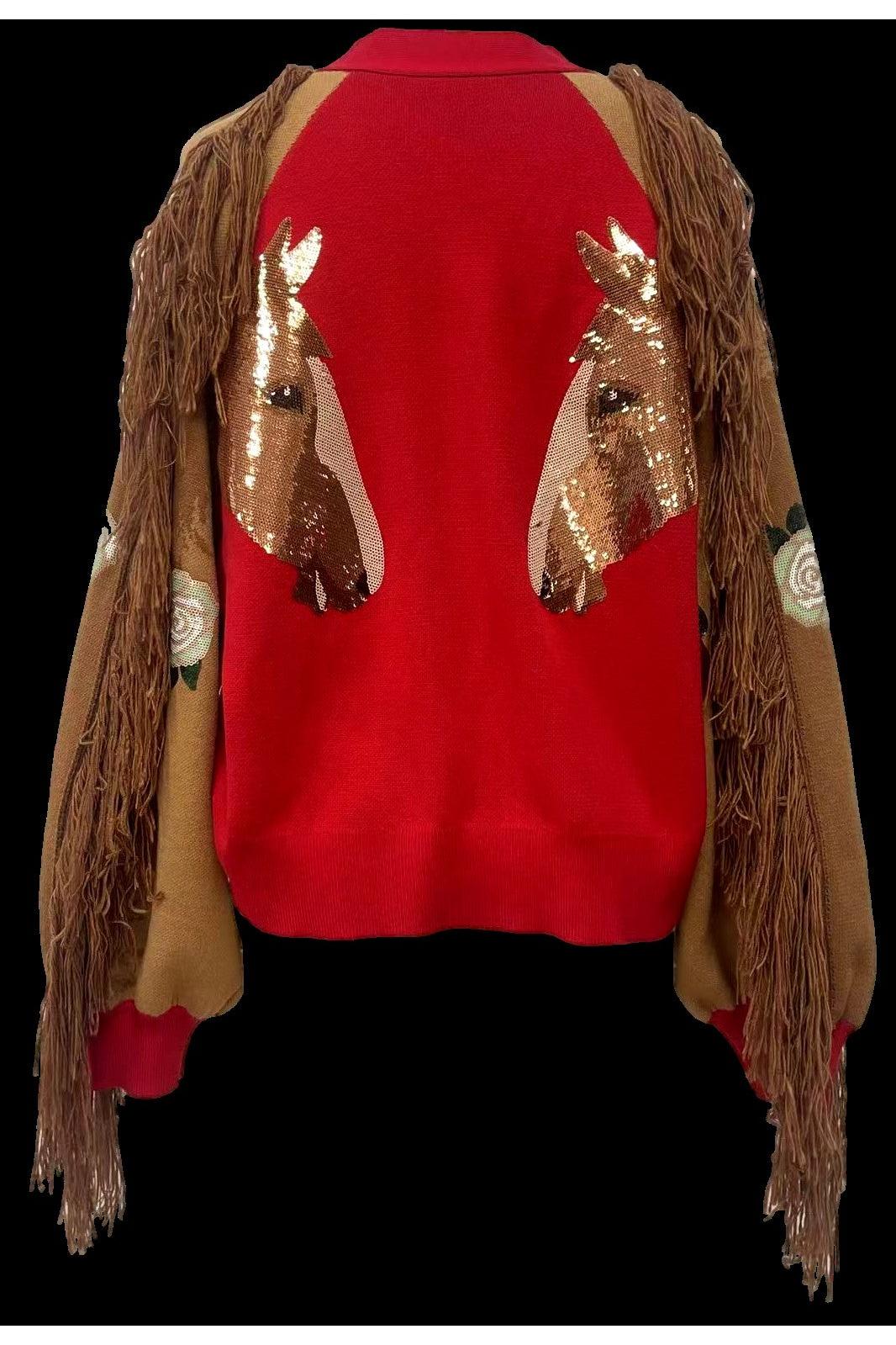 Queen of Sparkles Red Rose & Fringe Horse Sleeve Button Up Cardigan-Cardigans & Kimonos-Queen Of Sparkles-Deja Nu Boutique, Women's Fashion Boutique in Lampasas, Texas