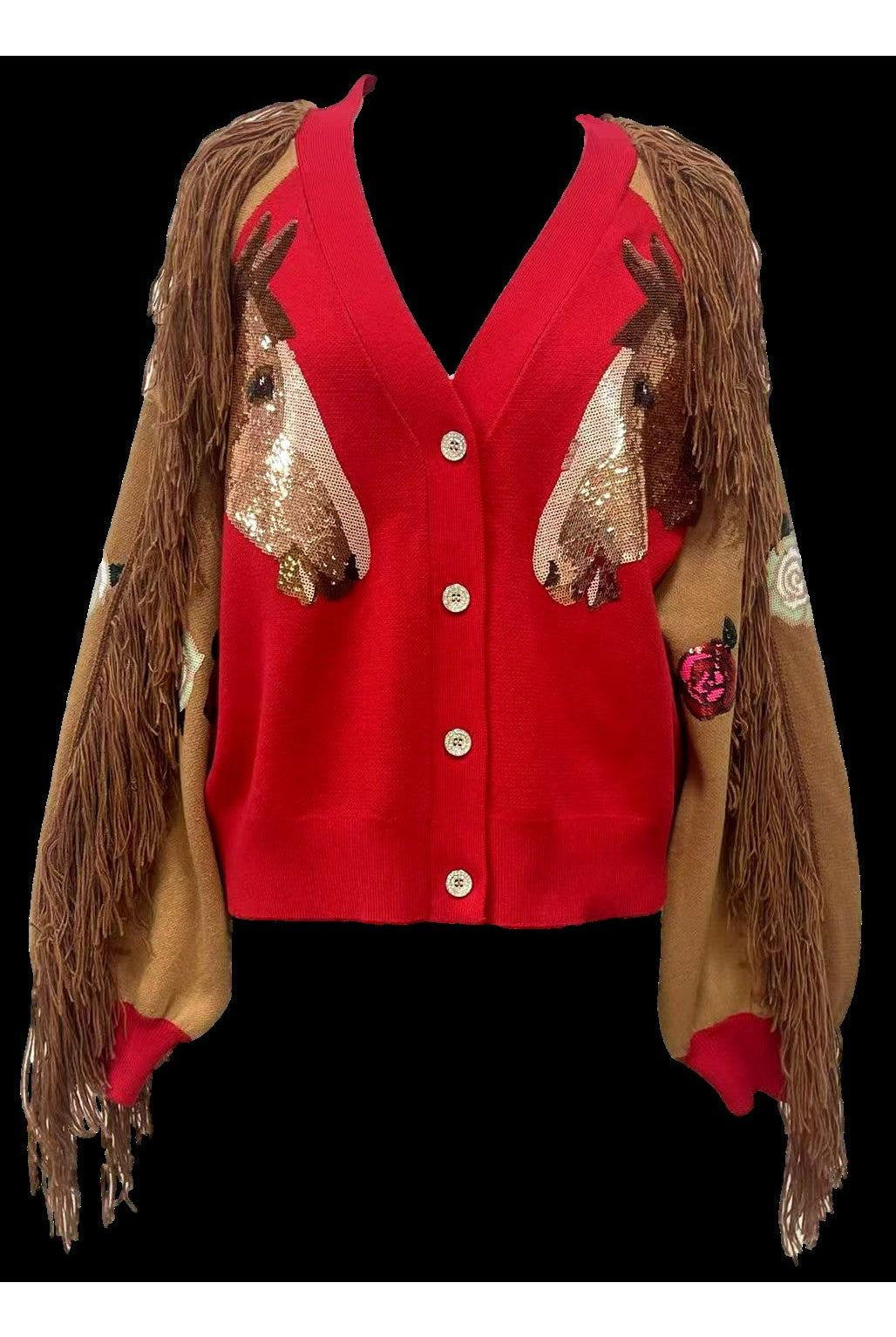 Queen of Sparkles Red Rose & Fringe Horse Sleeve Button Up Cardigan-Cardigans & Kimonos-Queen Of Sparkles-Deja Nu Boutique, Women's Fashion Boutique in Lampasas, Texas
