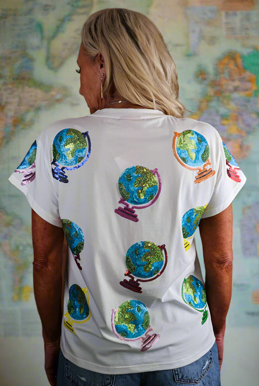Queen of Sparkles White Globe Tee-shirts-Queen Of Sparkles-Deja Nu Boutique, Women's Fashion Boutique in Lampasas, Texas