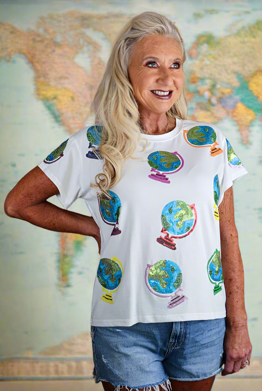 Queen of Sparkles White Globe Tee-shirts-Queen Of Sparkles-Deja Nu Boutique, Women's Fashion Boutique in Lampasas, Texas