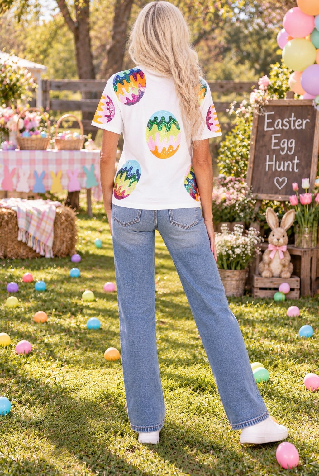 🌈🥚 Queen of Sparkles White Groovy Easter Egg Tee 🥚🌈-Tops-Queen Of Sparkles-Deja Nu Boutique, Women's Fashion Boutique in Lampasas, Texas