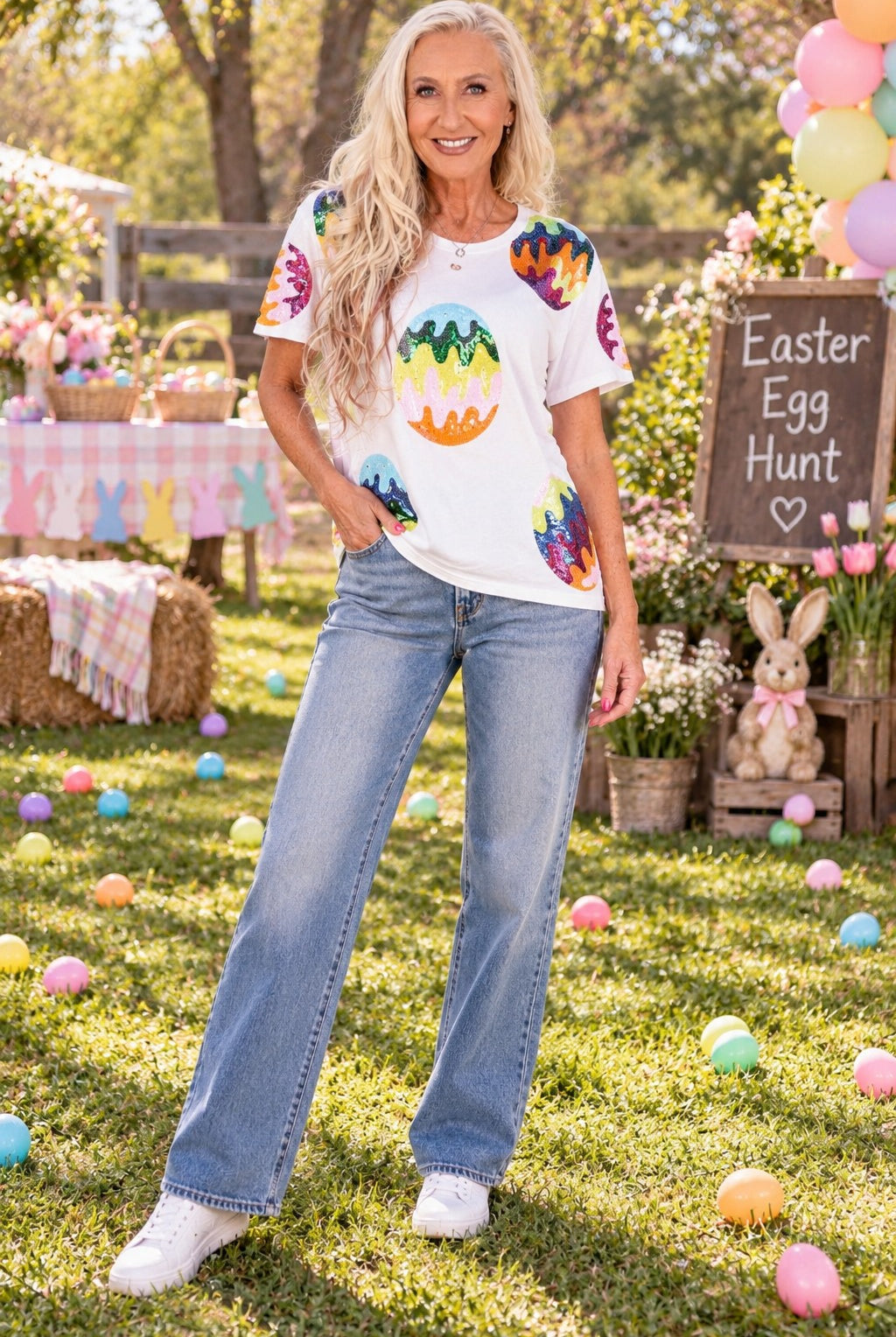 🌈🥚 Queen of Sparkles White Groovy Easter Egg Tee 🥚🌈-Tops-Queen Of Sparkles-Deja Nu Boutique, Women's Fashion Boutique in Lampasas, Texas
