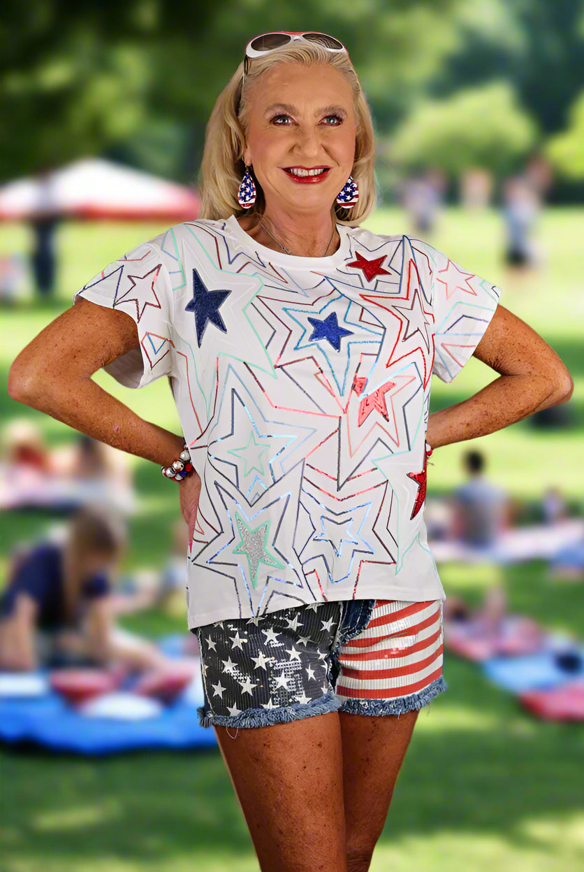 Queen of Sparkles White Groovy Red, Blue & Sequin Star Tee-Tops-Queen Of Sparkles-Deja Nu Boutique, Women's Fashion Boutique in Lampasas, Texas