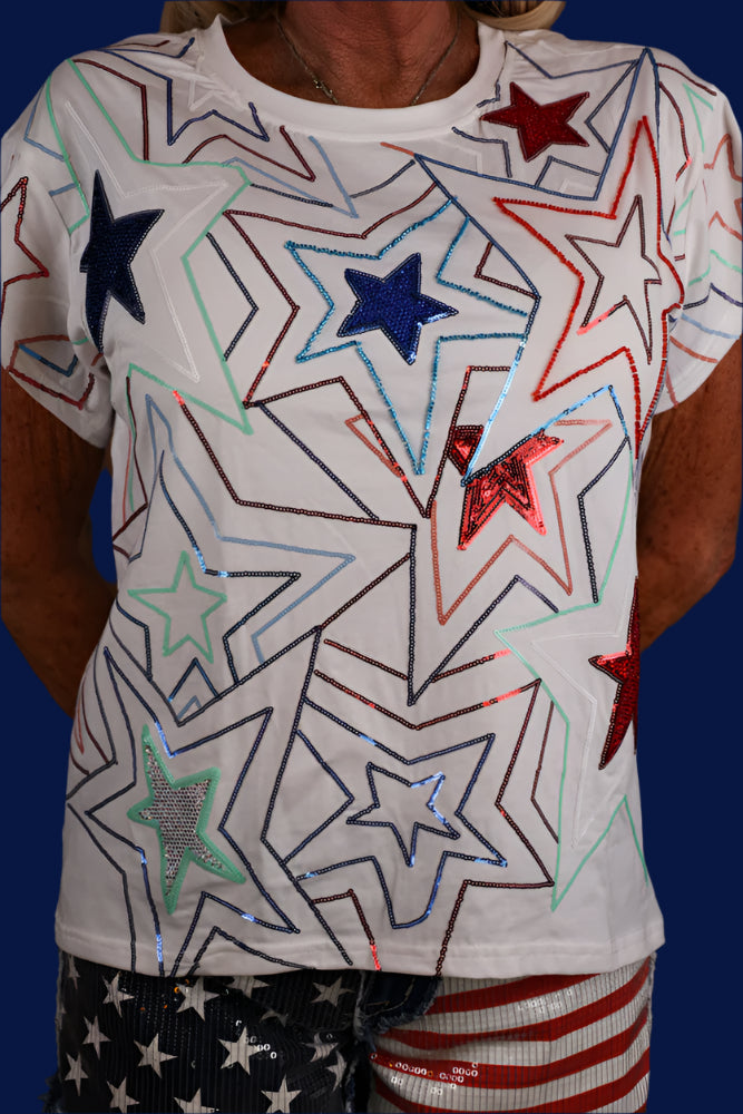 Queen of Sparkles White Groovy Red, Blue & Sequin Star Tee-Tops-Queen Of Sparkles-Deja Nu Boutique, Women's Fashion Boutique in Lampasas, Texas