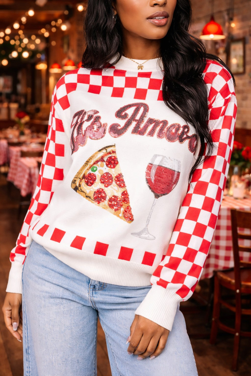 Queen of Sparkles White & Red Checkered “That’s Amore” Pizza & Wine Sweater-Sweaters-Queen Of Sparkles-Deja Nu Boutique, Women's Fashion Boutique in Lampasas, Texas