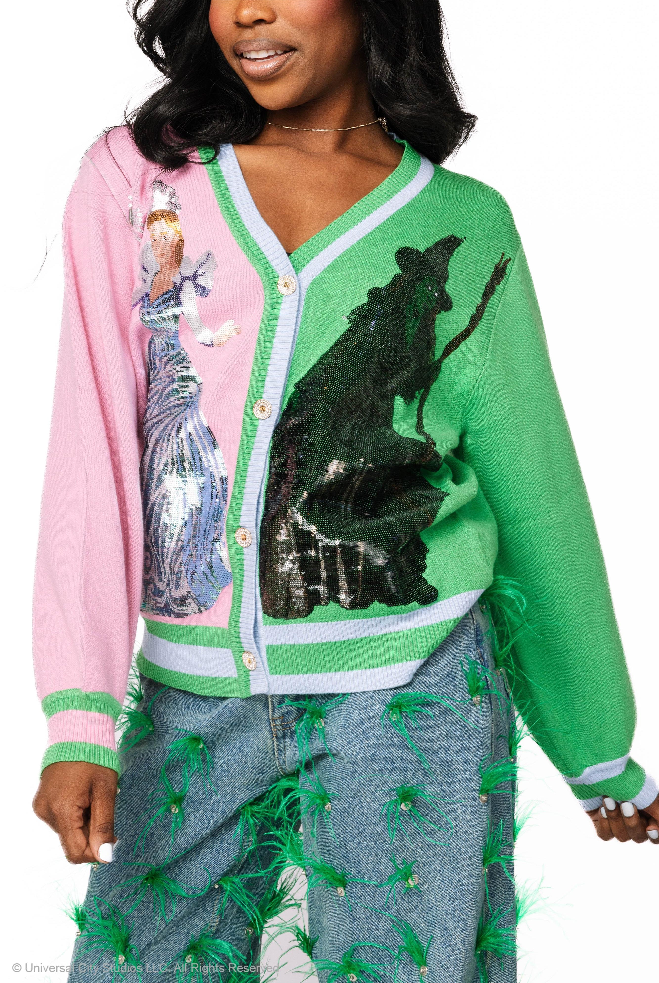 Queen of Sparkles Wicked Licensed Colorblock Glinda & Elphaba Sequin Cardigan – Official Movie Release-Cardigans & Kimonos-Queen Of Sparkles-Deja Nu Boutique, Women's Fashion Boutique in Lampasas, Texas