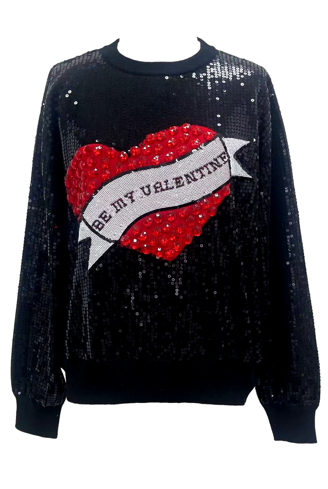 Queen of Sparkles Black Full Sequin “Be My Valentine” Jeweled Heart Sweater-Sweaters-Queen Of Sparkles-Deja Nu Boutique, Women's Fashion Boutique in Lampasas, Texas