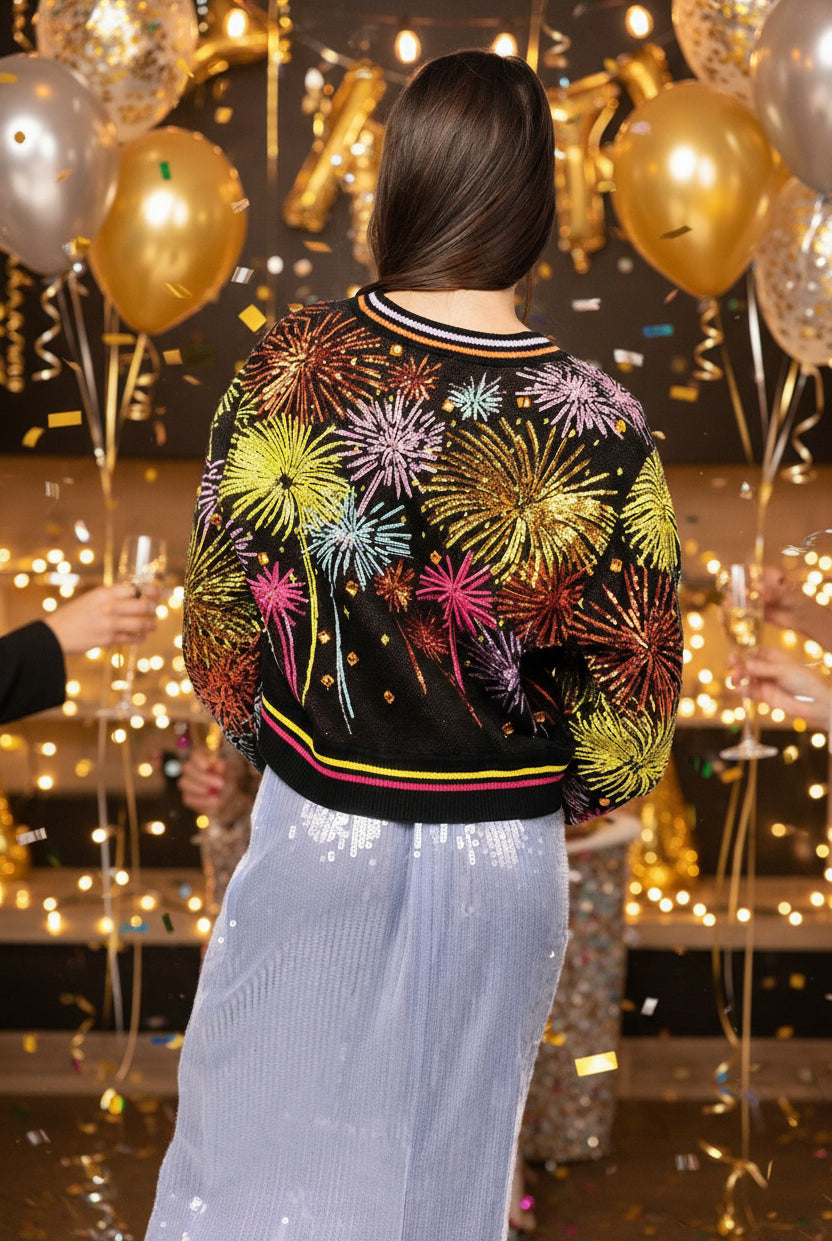 Queen of Sparkles Black Multi Rainbow Firework Button Up Cardigan-Cardigans & Kimonos-Queen Of Sparkles-Deja Nu Boutique, Women's Fashion Boutique in Lampasas, Texas