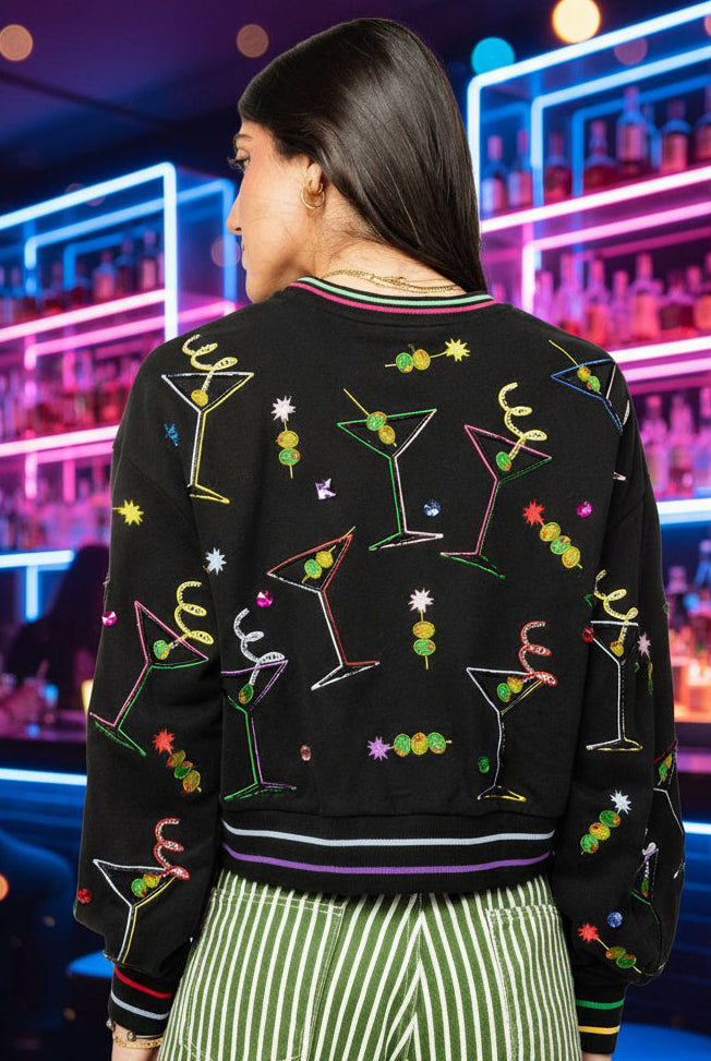 Queen of Sparkles Black Multi Rainbow Trim Martini Sweatshirt-sweatshirt-Queen Of Sparkles-Deja Nu Boutique, Women's Fashion Boutique in Lampasas, Texas