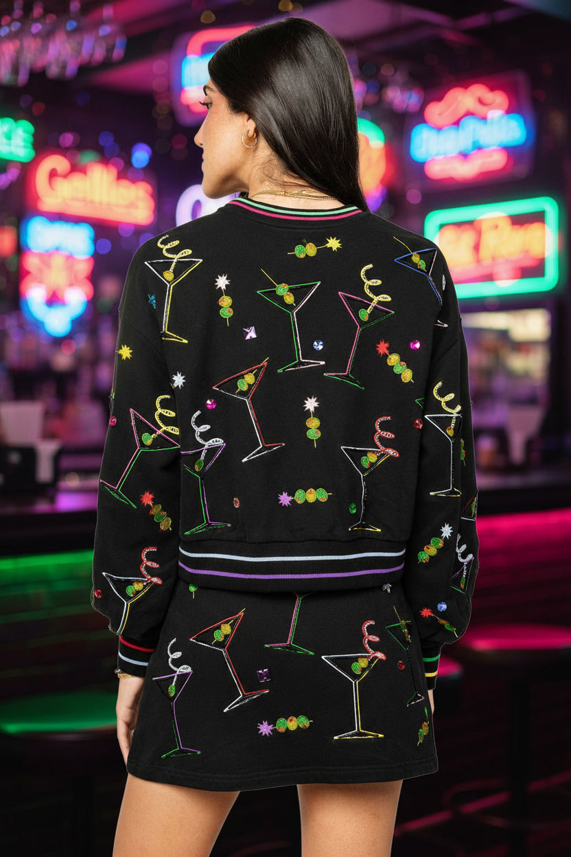 Queen of Sparkles Black Multi Rainbow Trim Martini Sweatshirt-sweatshirt-Queen Of Sparkles-Deja Nu Boutique, Women's Fashion Boutique in Lampasas, Texas