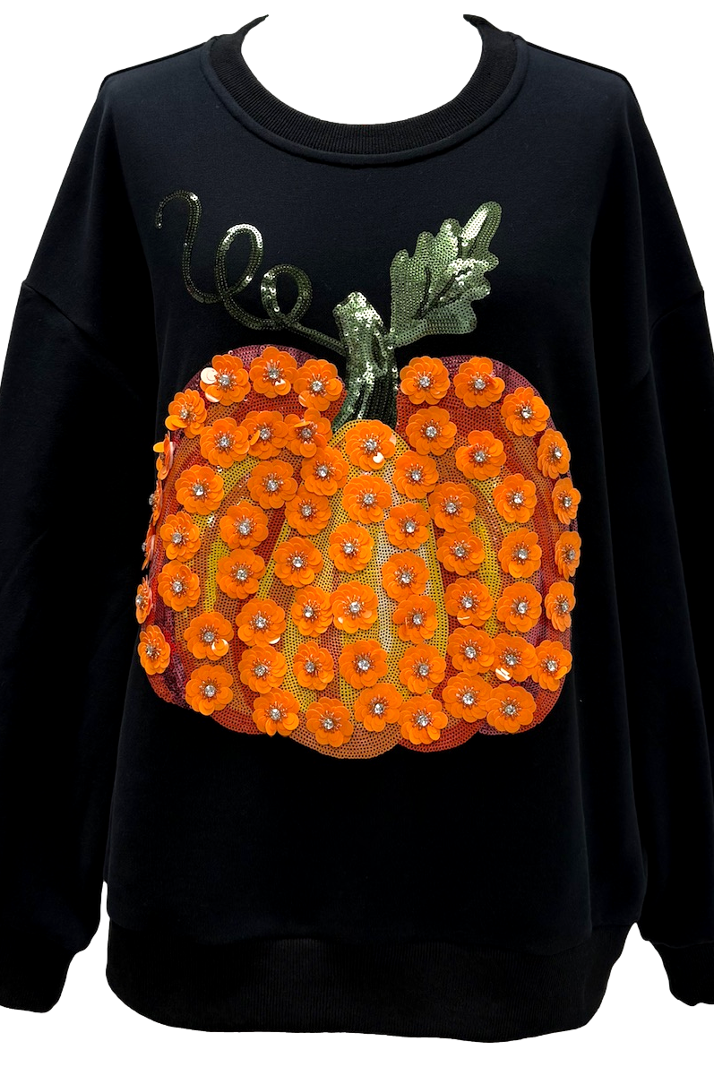 Queen of Sparkles Black & Orange Flower Sequin Pumpkin Sweatshirt-sweatshirt-Queen Of Sparkles-Deja Nu Boutique, Women's Fashion Boutique in Lampasas, Texas
