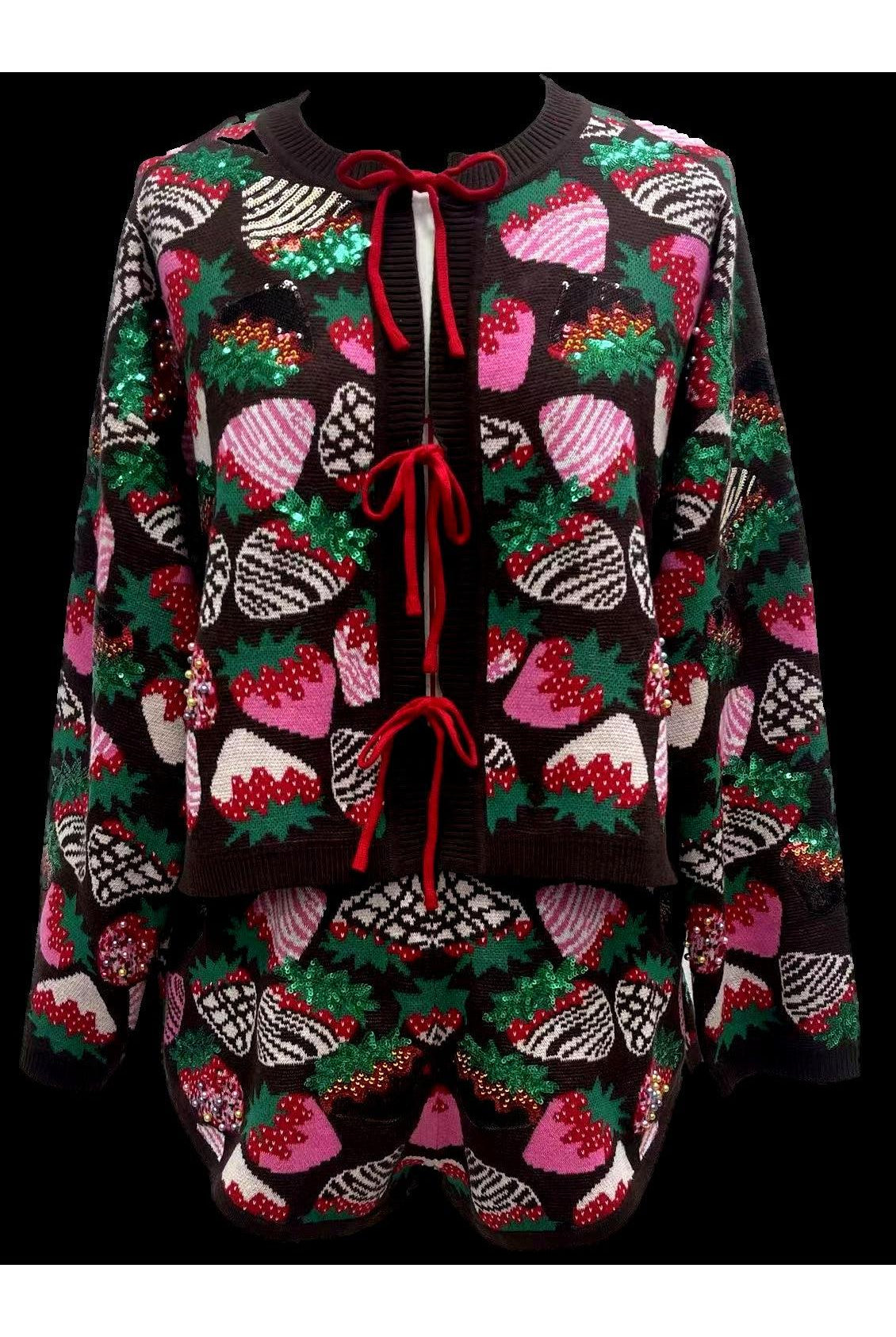 Queen of Sparkles Brown Multi Sequin Strawberry Tie-Up Sweater-Sweaters-Queen Of Sparkles-Deja Nu Boutique, Women's Fashion Boutique in Lampasas, Texas