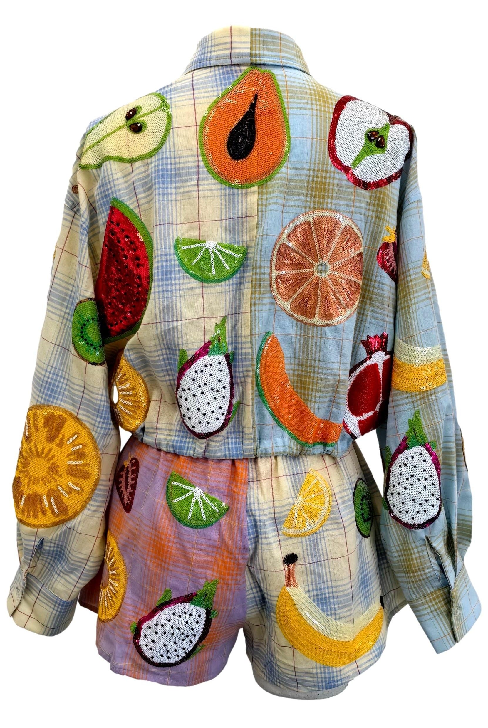 Queen of Sparkles Colorblock Plaid Fruit Button Up Collar Long Sleeve Top-Tops-Queen Of Sparkles-Deja Nu Boutique, Women's Fashion Boutique in Lampasas, Texas