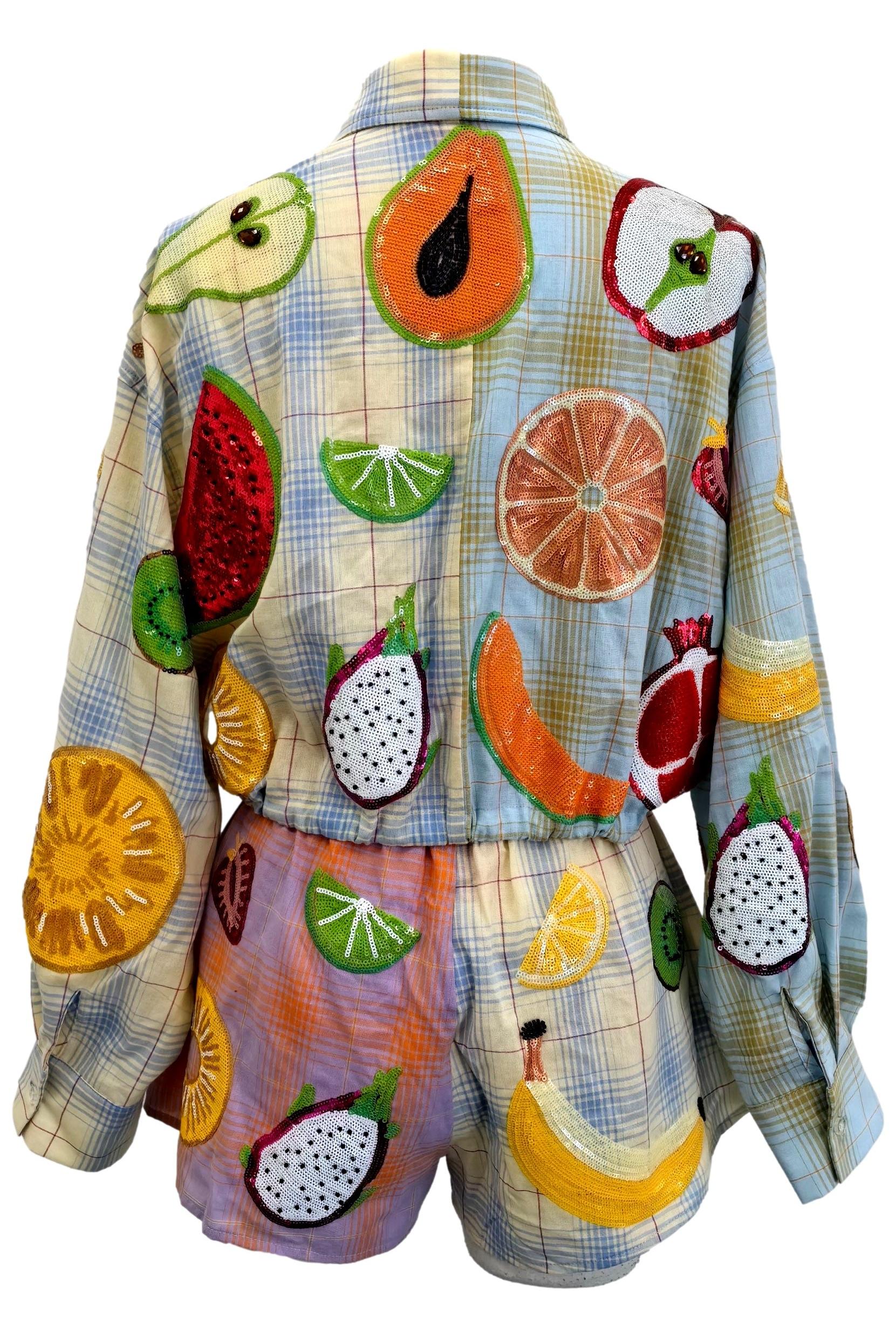 Queen of Sparkles Colorblock Plaid Fruit Button Up Collar Long Sleeve Top-Tops-Queen Of Sparkles-Deja Nu Boutique, Women's Fashion Boutique in Lampasas, Texas