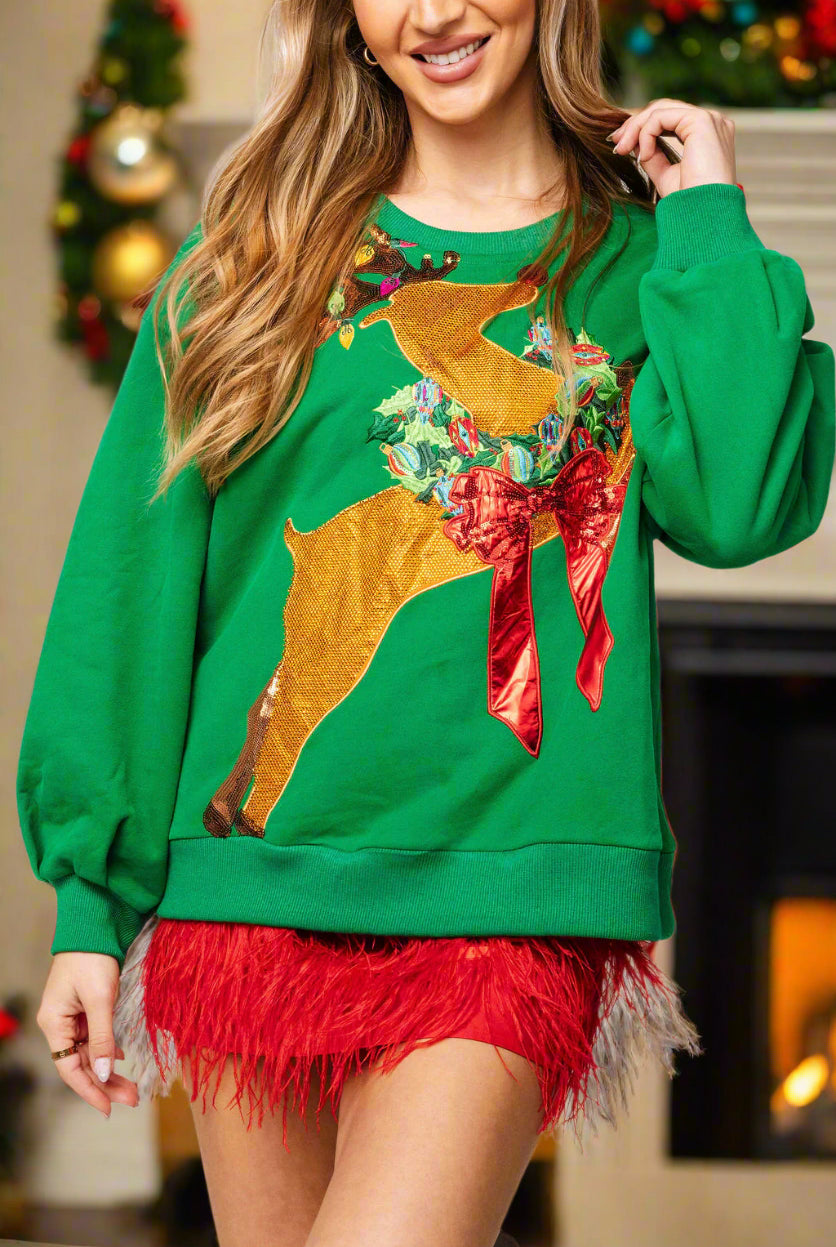 Queen of Sparkles Green Rhinestone Rudolph Wearing A Wreath Sweatshirt-Tops-Queen Of Sparkles-Deja Nu Boutique, Women's Fashion Boutique in Lampasas, Texas