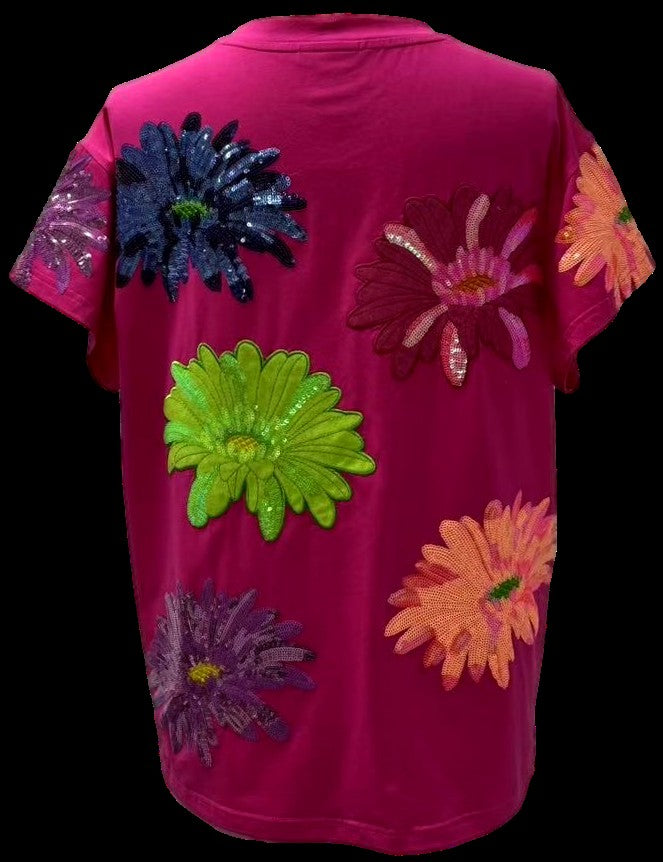 Queen of Sparkles Hot Pink Multi Flower Tee-T-Shirts-Queen Of Sparkles-Deja Nu Boutique, Women's Fashion Boutique in Lampasas, Texas
