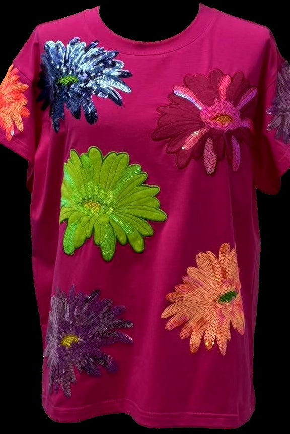 Queen of Sparkles Hot Pink Multi Flower Tee-T-Shirts-Queen Of Sparkles-Deja Nu Boutique, Women's Fashion Boutique in Lampasas, Texas