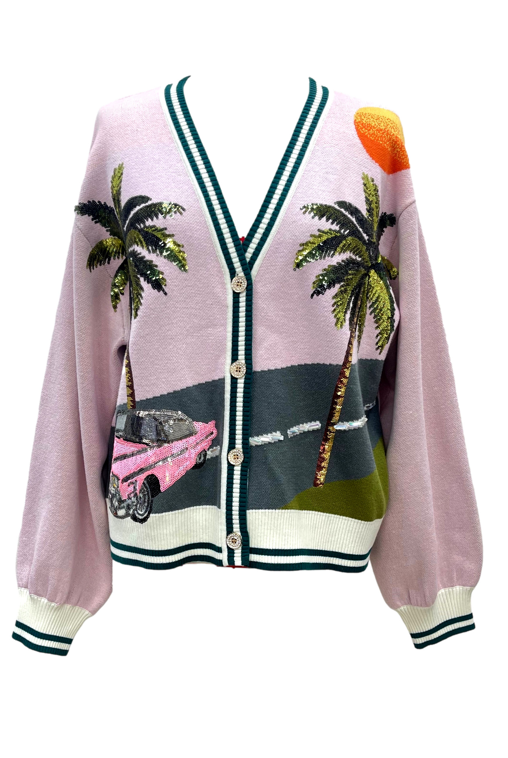 Queen of Sparkles Light Pink Vintage Car & Palm Tree Sequin Cardigan-Cardigans & Kimonos-Queen Of Sparkles-Deja Nu Boutique, Women's Fashion Boutique in Lampasas, Texas