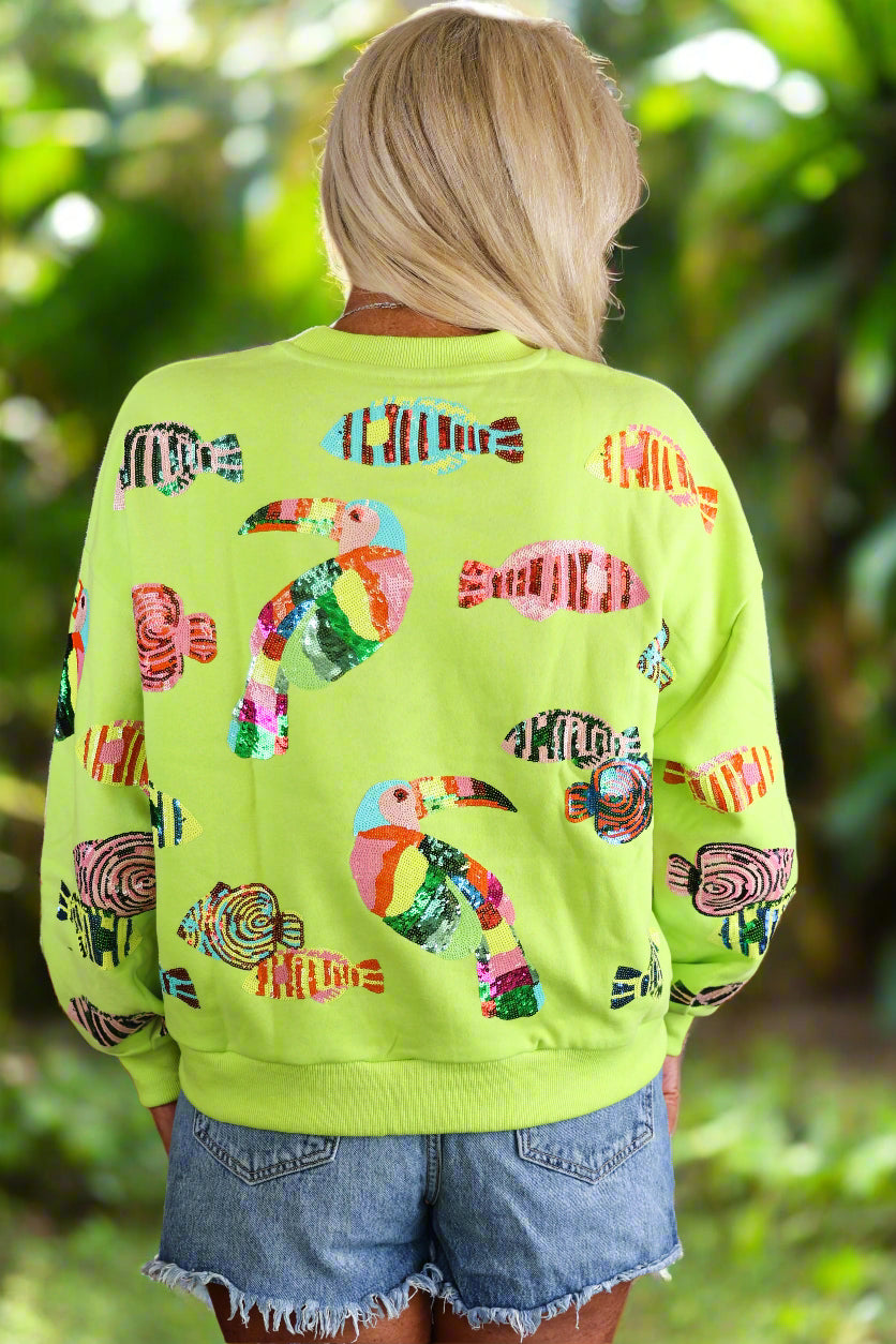 Queen of Sparkles Lime Green Parrot and Fish Sweatshirt-sweatshirt-Queen Of Sparkles-Deja Nu Boutique, Women's Fashion Boutique in Lampasas, Texas