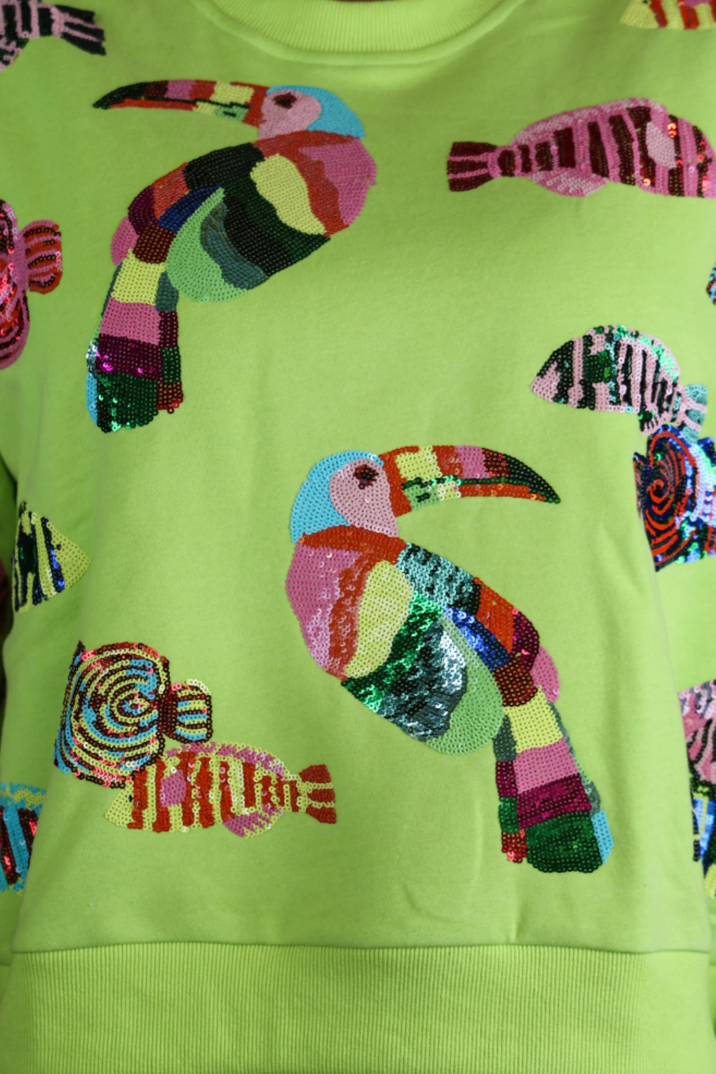 Queen of Sparkles Lime Green Parrot and Fish Sweatshirt-sweatshirt-Queen Of Sparkles-Deja Nu Boutique, Women's Fashion Boutique in Lampasas, Texas