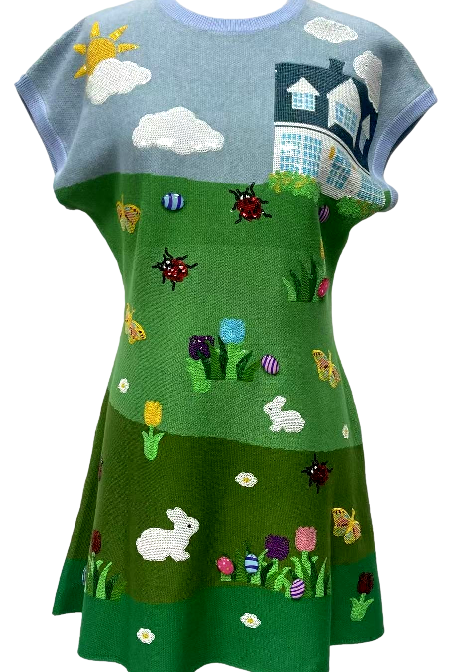 Queen of Sparkles Multi Easter Bunnies & Eggs Yard Scene Knit Dress-mini dress-Queen Of Sparkles-Deja Nu Boutique, Women's Fashion Boutique in Lampasas, Texas