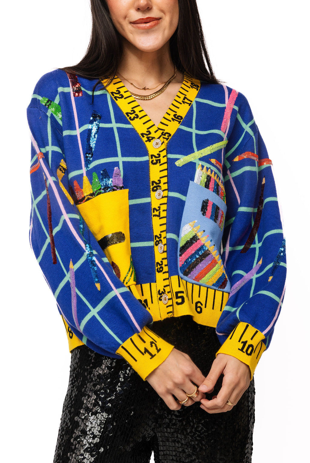 Queen of Sparkles Multi School Supplies Ruler Trim Button Up Cardigan-Cardigans & Kimonos-Queen Of Sparkles-Deja Nu Boutique, Women's Fashion Boutique in Lampasas, Texas