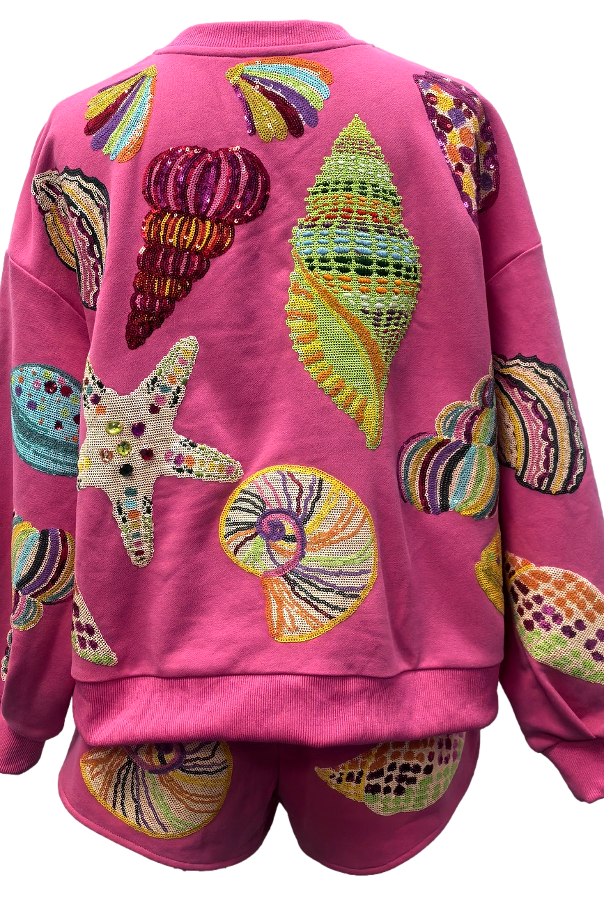 Queen of Sparkles Multi Shell Sequin Sweatshirt – Hot Pink Coastal Vibes-sweatshirt-Queen Of Sparkles-Deja Nu Boutique, Women's Fashion Boutique in Lampasas, Texas