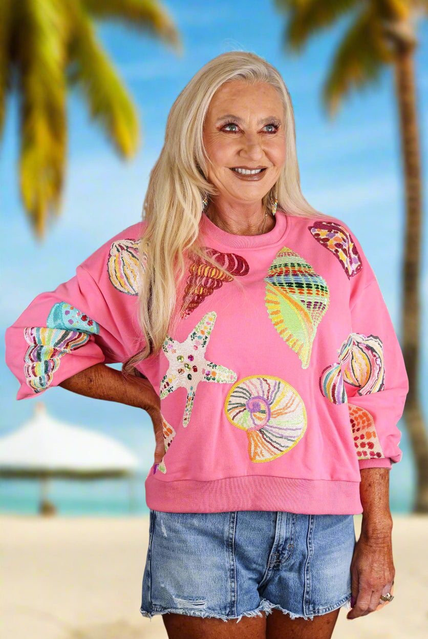 Queen of Sparkles Multi Shell Sequin Sweatshirt – Hot Pink Coastal Vibes-sweatshirt-Queen Of Sparkles-Deja Nu Boutique, Women's Fashion Boutique in Lampasas, Texas