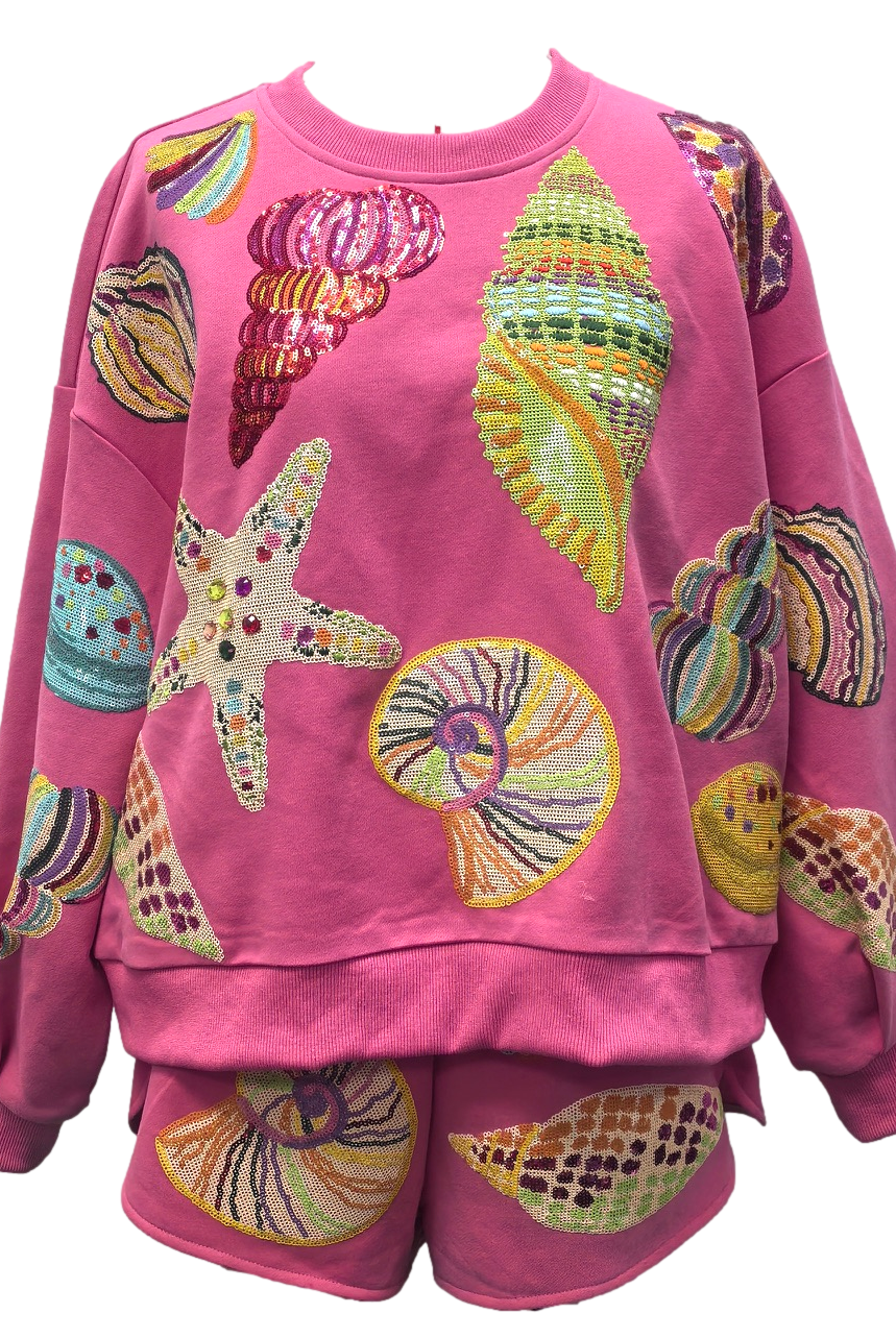 Queen of Sparkles Multi Shell Sequin Sweatshirt – Hot Pink Coastal Vibes-sweatshirt-Queen Of Sparkles-Deja Nu Boutique, Women's Fashion Boutique in Lampasas, Texas