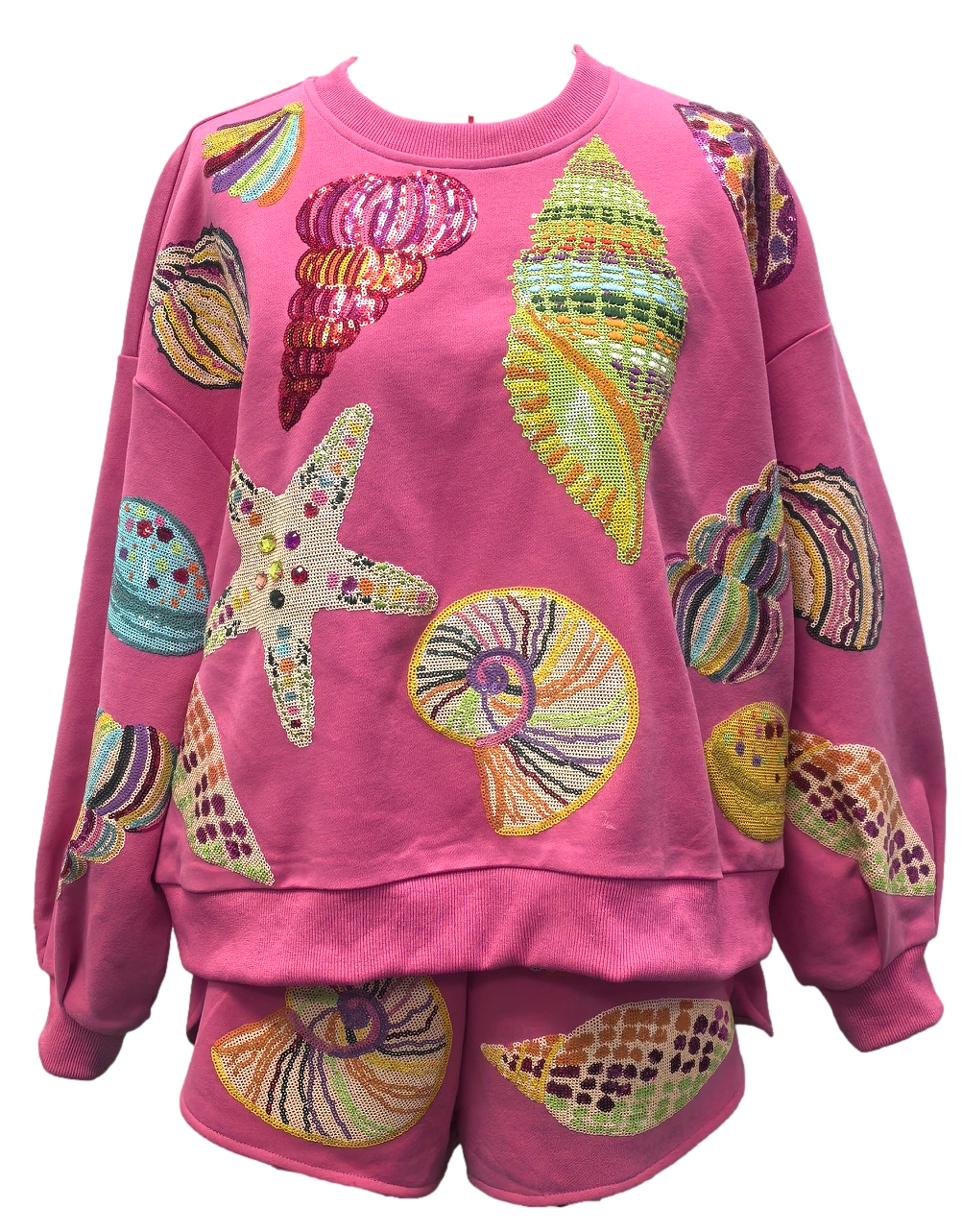 Queen of Sparkles Multi Shell Sequin Sweatshirt – Hot Pink Coastal Vibes-sweatshirt-Queen Of Sparkles-Deja Nu Boutique, Women's Fashion Boutique in Lampasas, Texas
