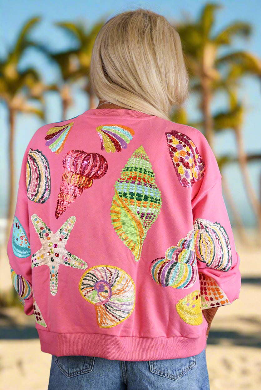Queen of Sparkles Multi Shell Sequin Sweatshirt – Hot Pink Coastal Vibes-sweatshirt-Queen Of Sparkles-Deja Nu Boutique, Women's Fashion Boutique in Lampasas, Texas