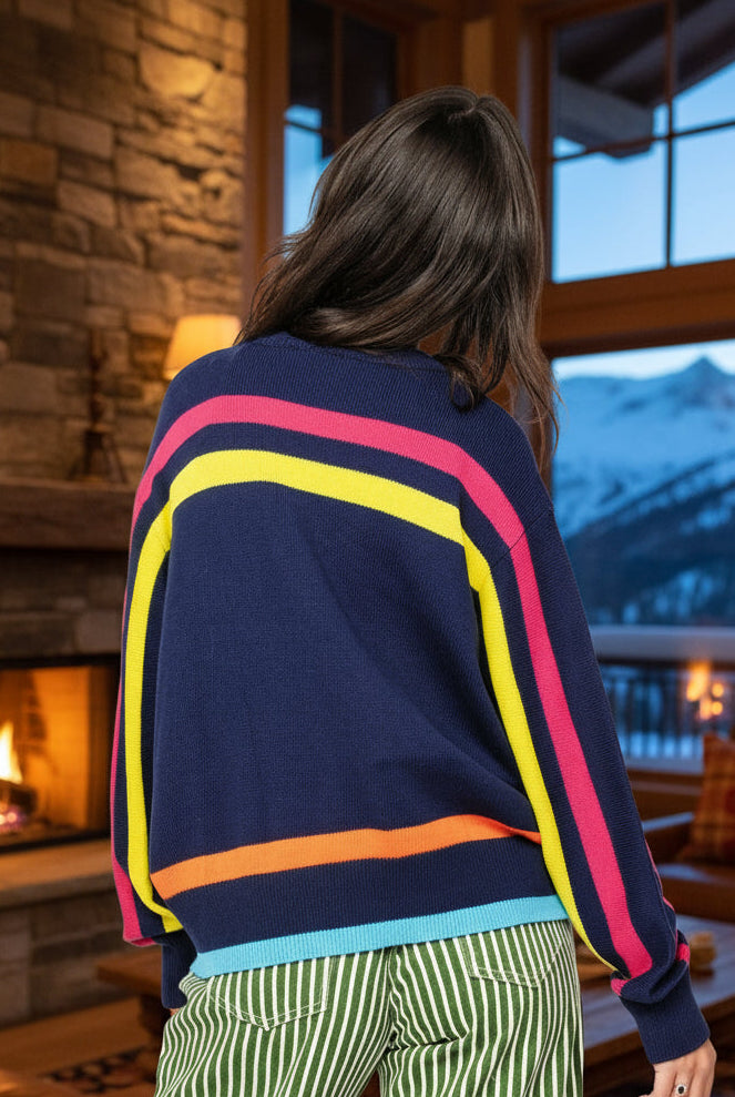 Queen of Sparkles Navy Multi Stripe ‘Après Ski’ Goggle Stripe Sweater-Sweaters-Queen Of Sparkles-Deja Nu Boutique, Women's Fashion Boutique in Lampasas, Texas
