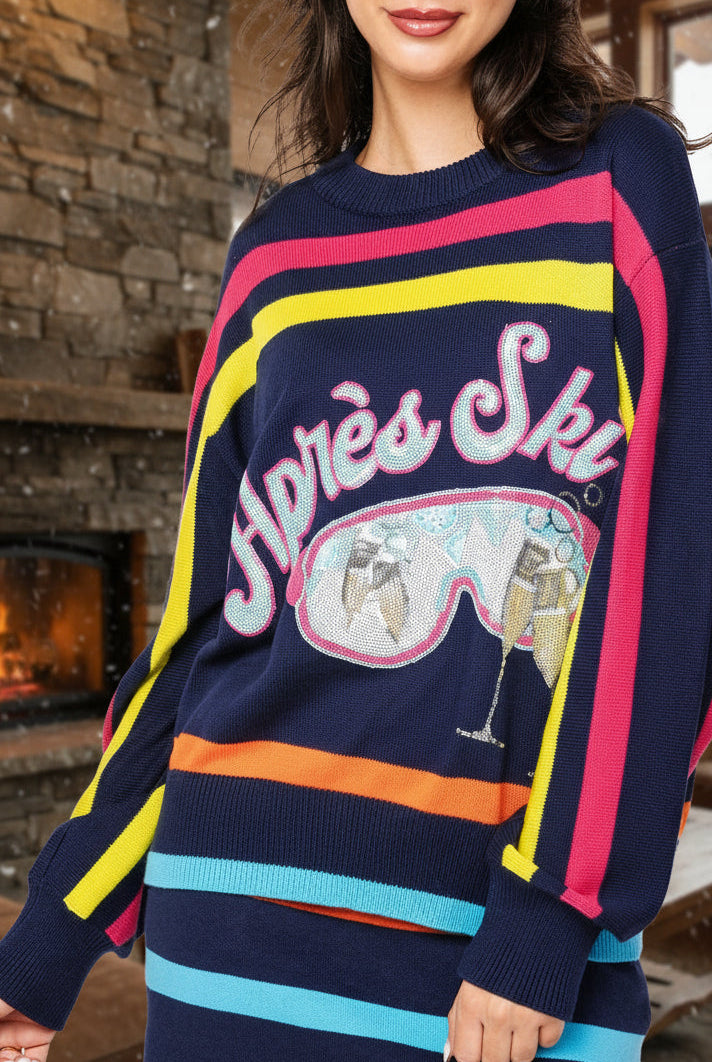 Queen of Sparkles Navy Multi Stripe ‘Après Ski’ Goggle Stripe Sweater-Sweaters-Queen Of Sparkles-Deja Nu Boutique, Women's Fashion Boutique in Lampasas, Texas