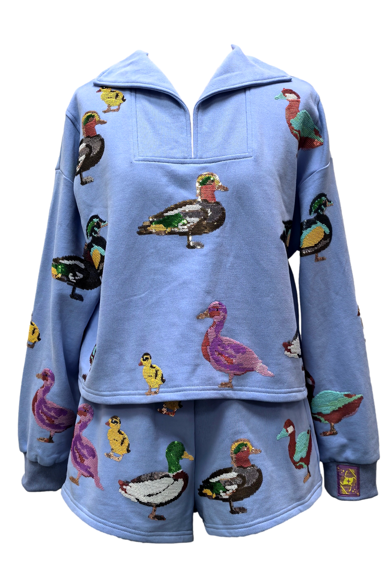 Queen of Sparkles Powder Blue Duck Sweatshirt-Sweaters-Queen Of Sparkles-Deja Nu Boutique, Women's Fashion Boutique in Lampasas, Texas
