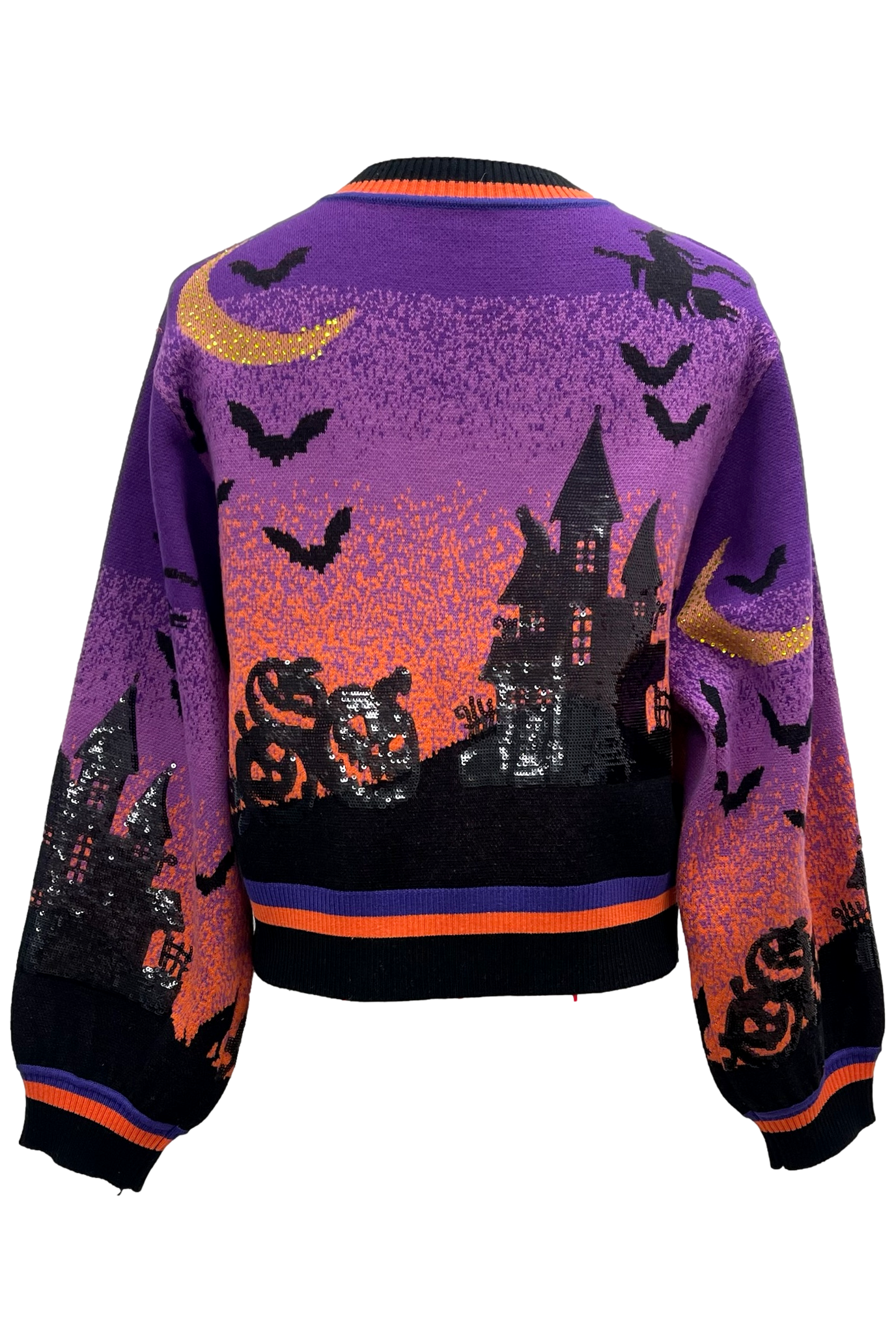 Queen of Sparkles Purple Halloween Scene Sequin Cardigan – Haunted House & Pumpkins-Cardigans & Kimonos-Queen Of Sparkles-Deja Nu Boutique, Women's Fashion Boutique in Lampasas, Texas