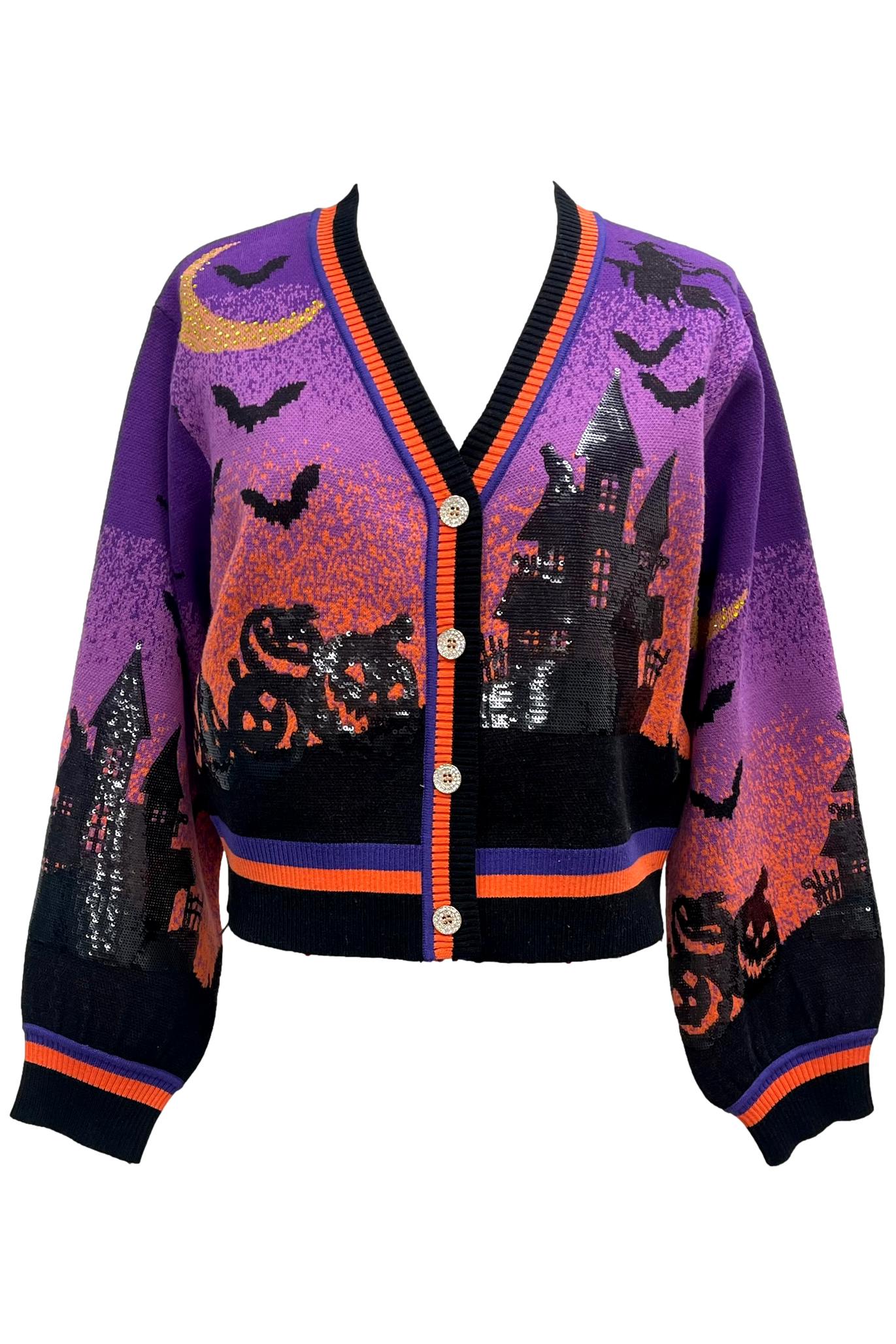 Queen of Sparkles Purple Halloween Scene Sequin Cardigan – Haunted House & Pumpkins-Cardigans & Kimonos-Queen Of Sparkles-Deja Nu Boutique, Women's Fashion Boutique in Lampasas, Texas